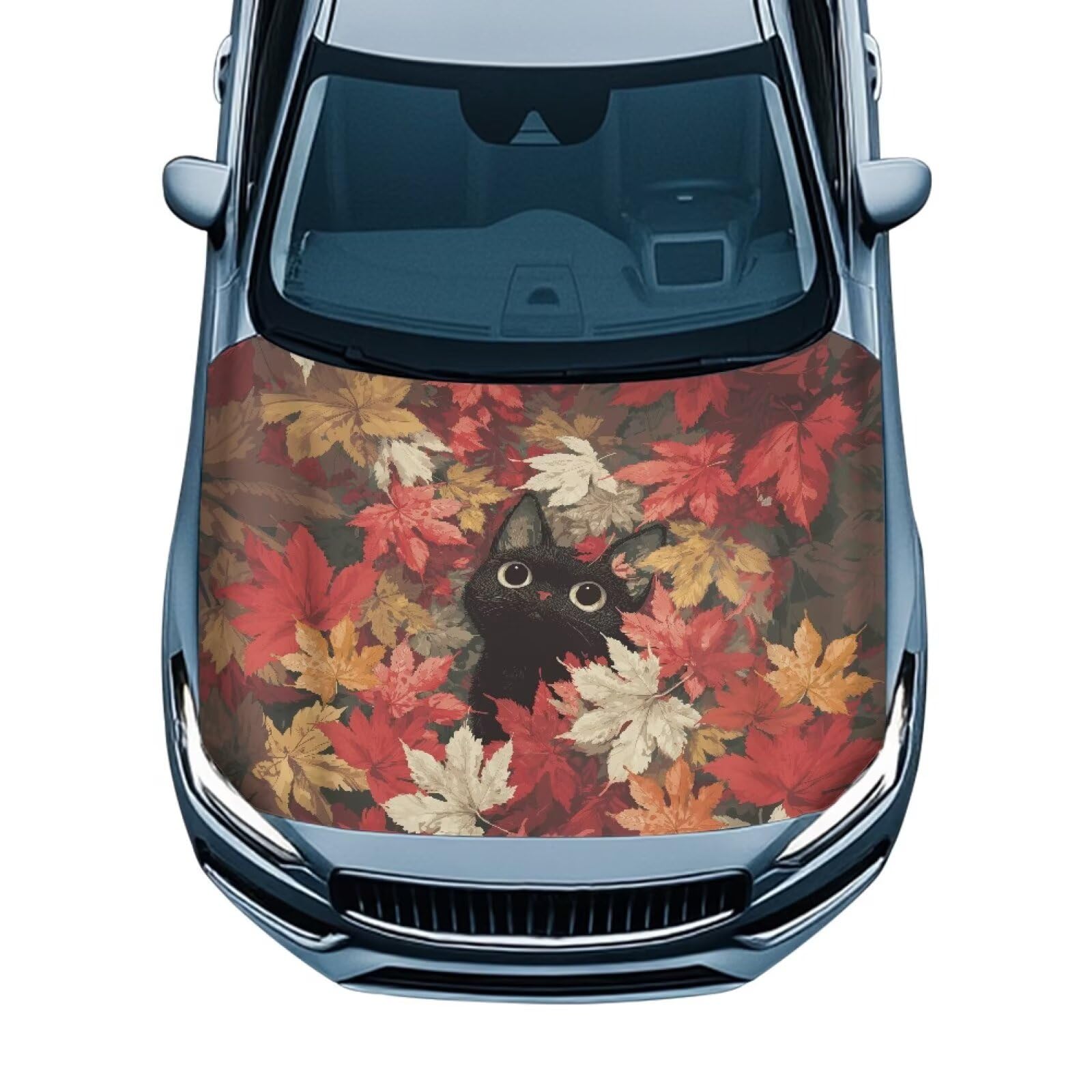 Maple Leaf Cat Car Hood Cover All Weather Protection Auto Exterior Accessories Universal Fit Hood Covers for Cars, Trucks, SUV, or Van Full Coverage Thanksgiving Decor