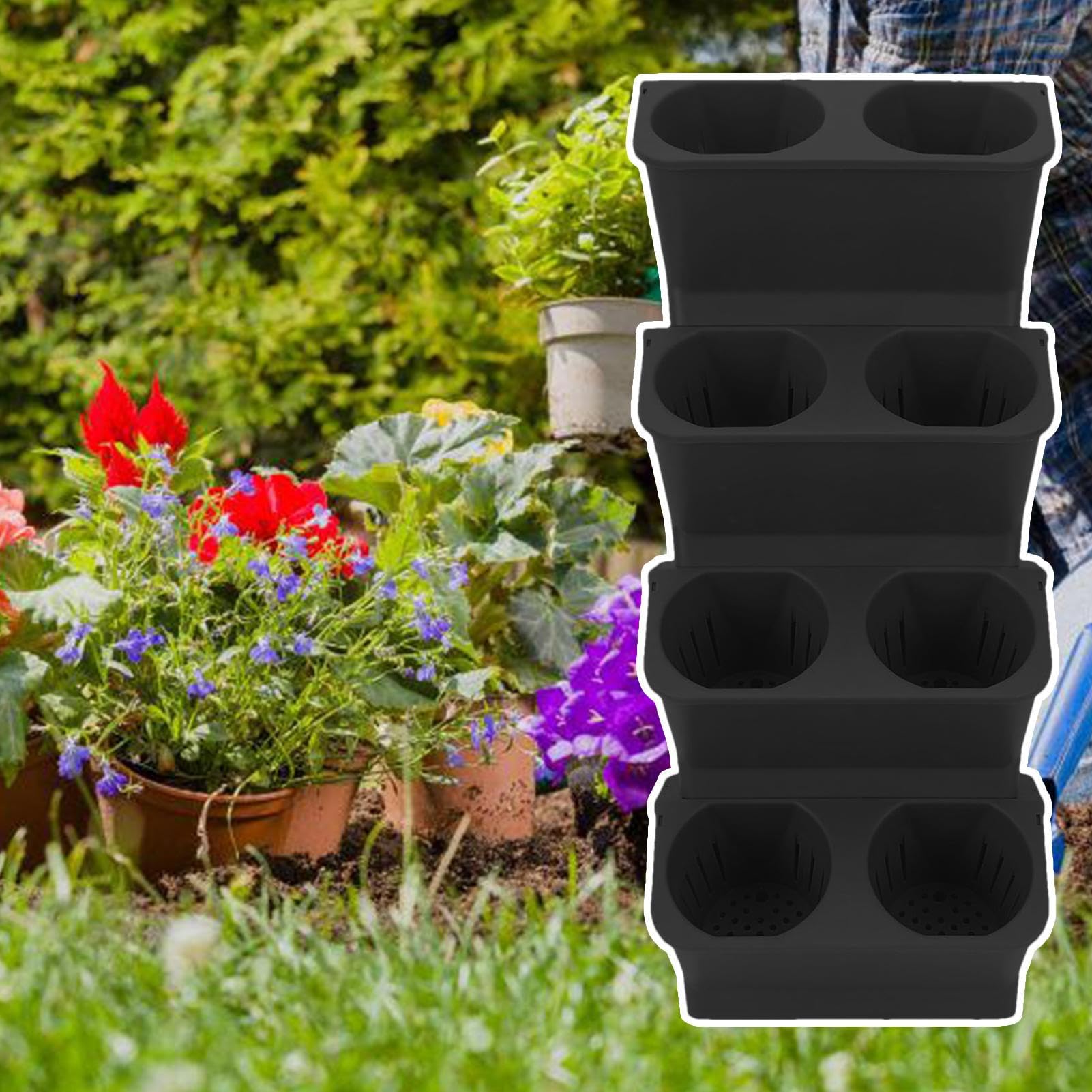 Pots de Fleurs Empilables - Set de 4 Pots Auto-Irrigants à Double Couche | Support à Intérieur Extérieur pour Balcon Jardin Terrasse | Décoration Maison et Outils de Jardinage