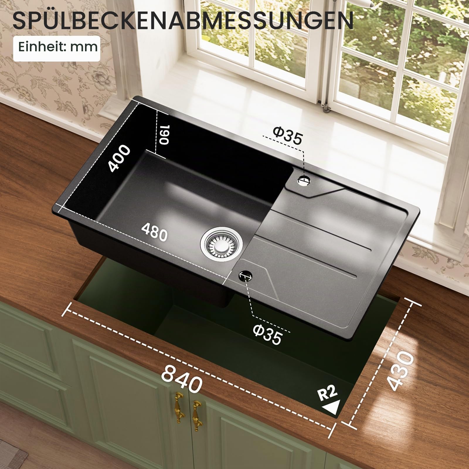CECIPA Spülbecken mit Abtropffläche 86 x 45 cm, Spüle küche Schwarz, Granitspüle Küchenspüle Graphitschwarz, Küchenwaschbecken, 1 becken, inkl. Siphon Ab- und Überlaufgarnitur | Spülbecken mit Abtropffläche 86 x 45 cm, Spüle küche Schwarz, Granitspüle Küc