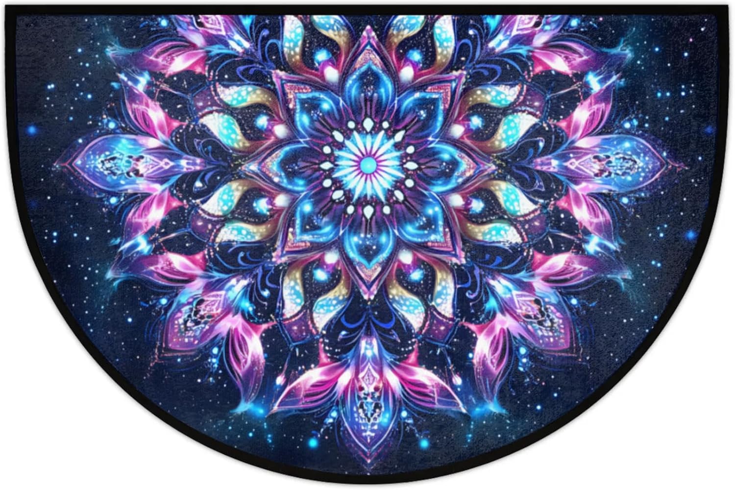 Half Round Door Mat Flowers Ethnic Mandala Purple Non-Slip Semi Circle Area Rug Washable Semi Circle Floor Rug for Indoor Outdoor Living Room Bathroom Kitchen Patio Hearth Rugs Home Decoration