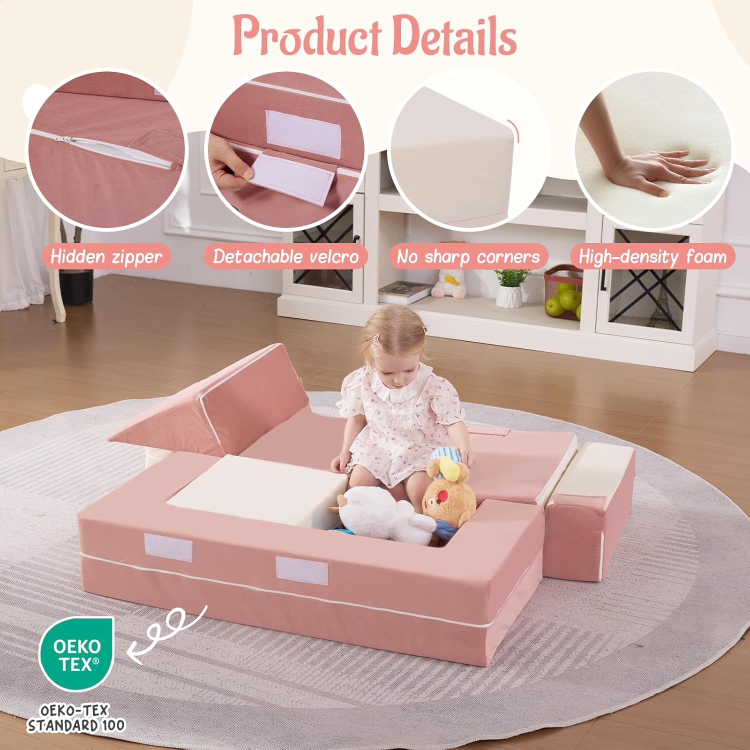 Toddler Foam Climbing Blocks|Modular Kids Soft Play Couch Sofa with 2 Ottomans Indoor,Baby Crawling & Sliding Foldable Soft Play Set with Stair,Beige & Pink