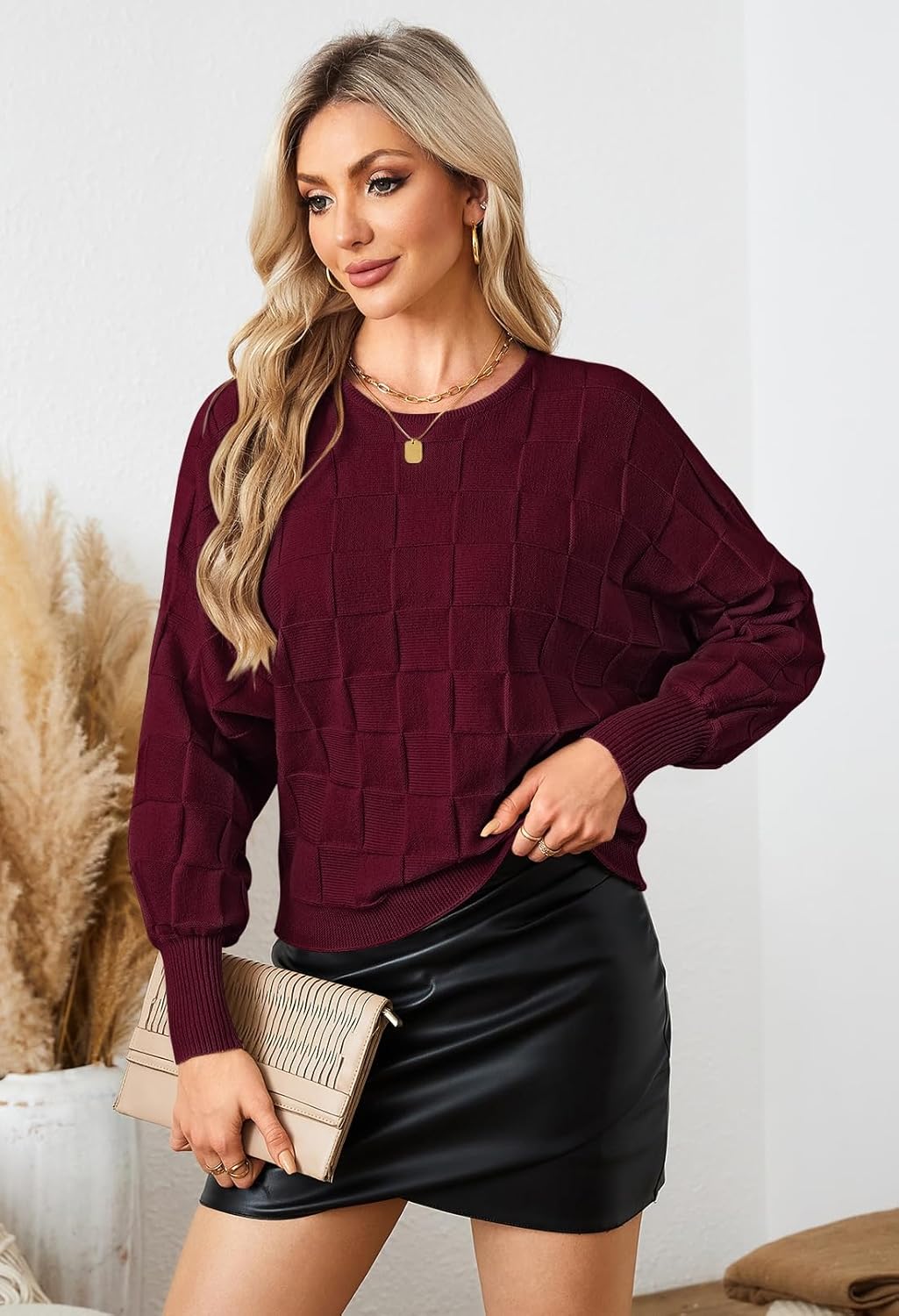 Pink Queen Women's Fall Sweaters 2025 Casual Long Batwing Sleeve Oversized Crewneck Pullover Winter Fashion Trendy Outfits - Image 3