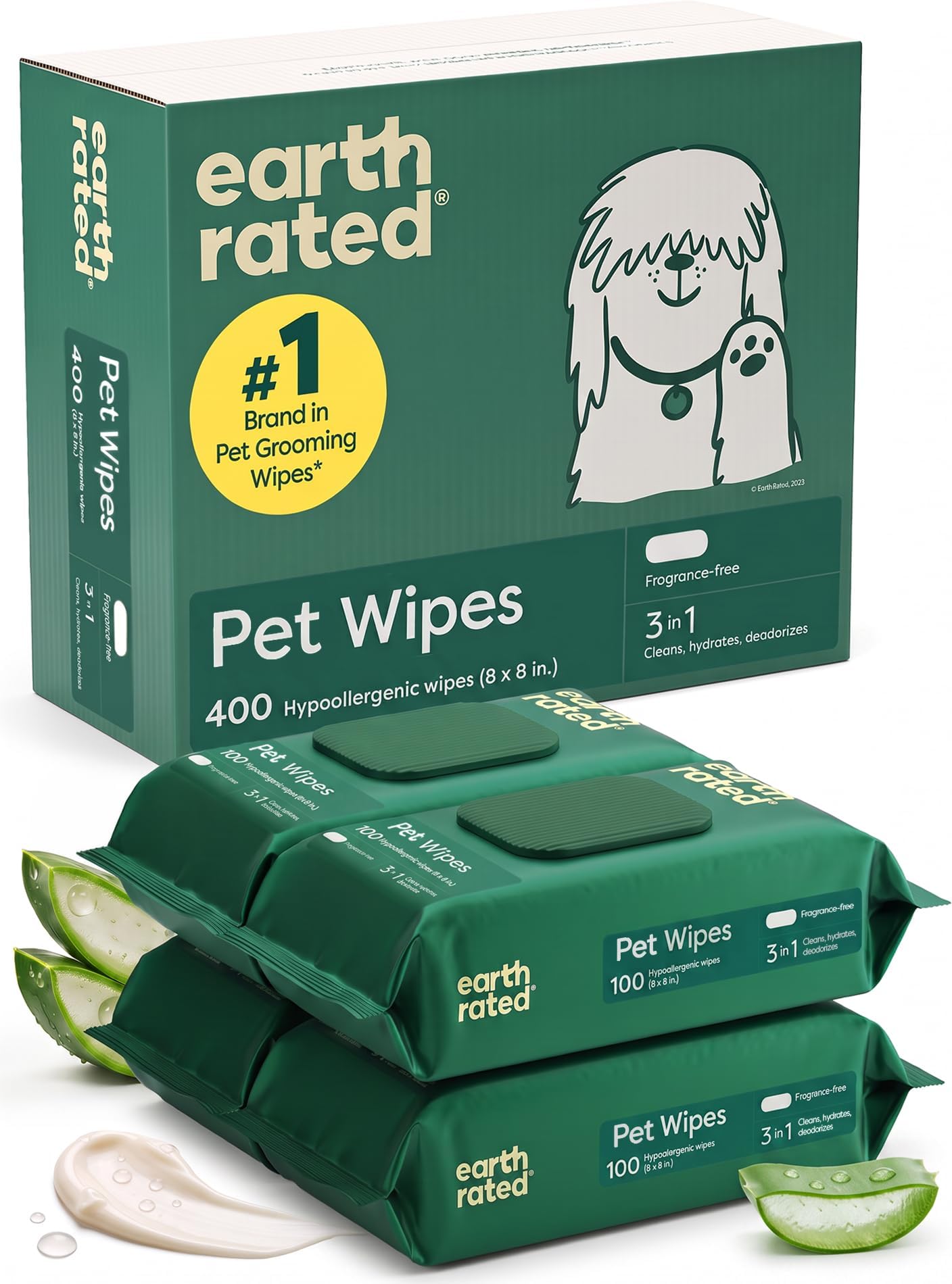 Earth Rated Dog Wipes for Paws & Butt, Deodorizing, Unscented, 400ct | Hypoallergenic, 3-in-1 Cleaning and Hydrating, for Grooming Paws, Body and Butt