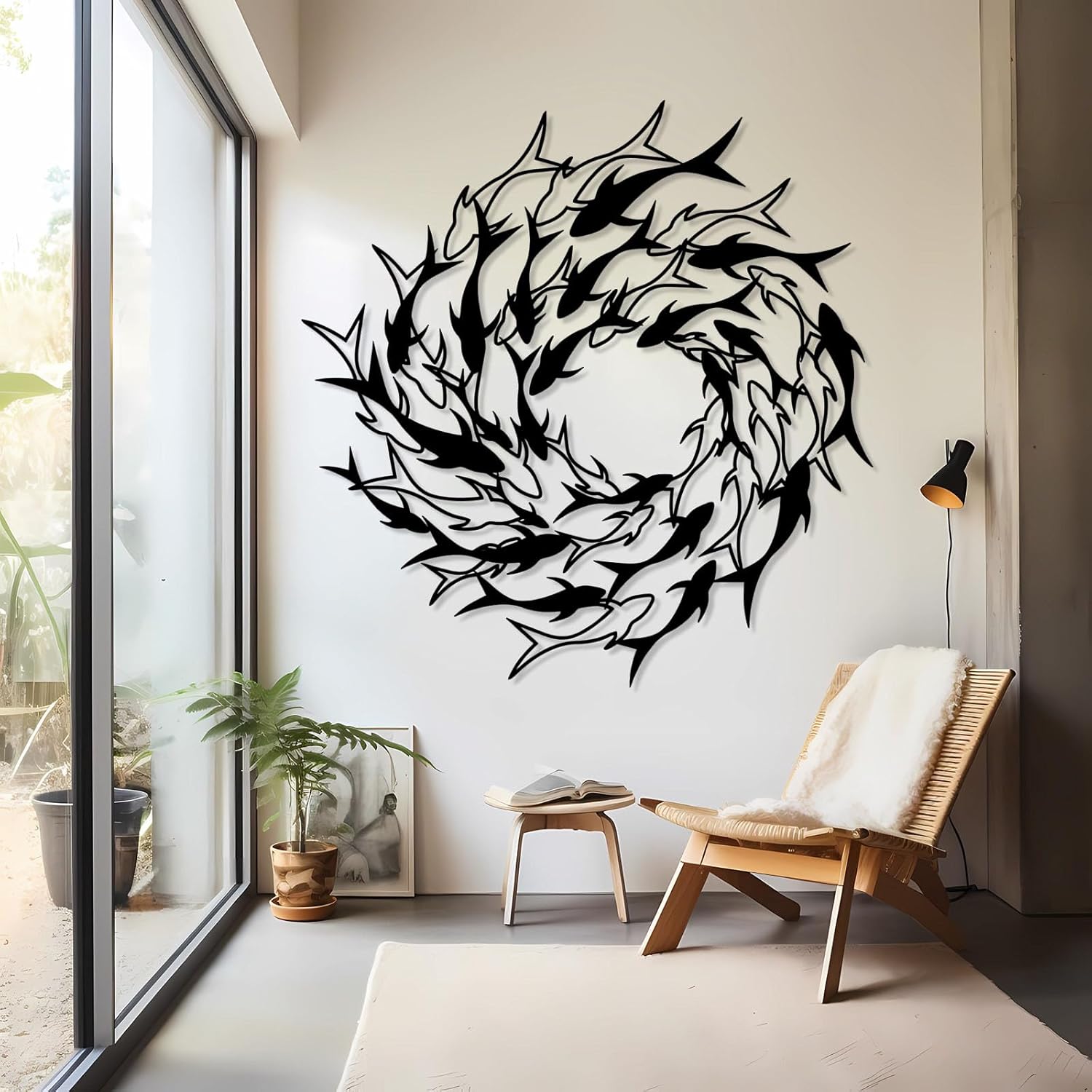 School of Fish Wall Decor, Flock of Fish Metal Sign, Whirlpool School of Fish Metal Wall Art, Minimalist Line Wall Decor, Nautical Wall Decor, Bathroom Wall Art (Gold, 39"x39"|100x100cm)
