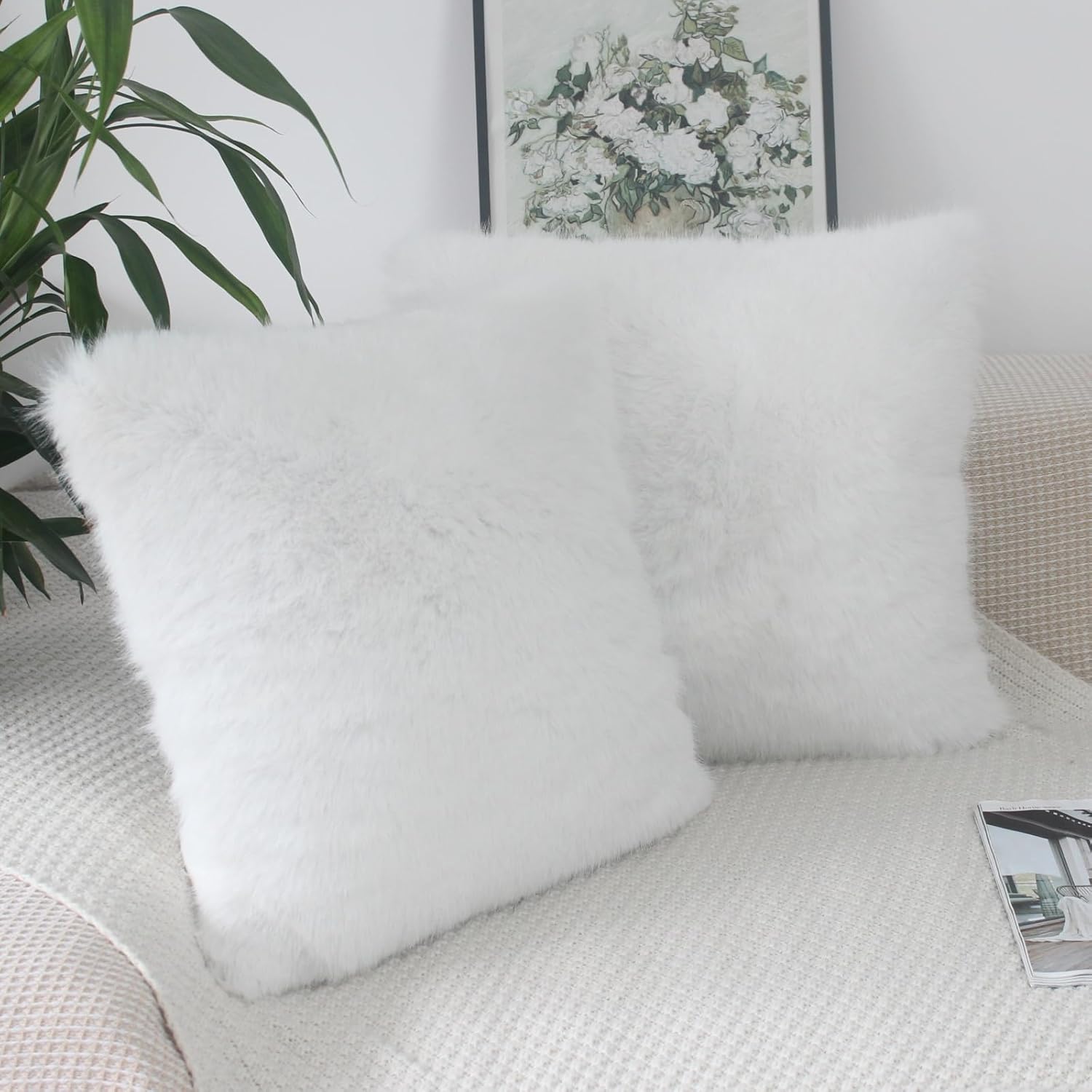 OYIMUA White Fluffy Throw Pillows Covers 20x20 Set of 2 Faux Fur Square Cushion Covers Decorative Pillows Cover Decor Pillow Cover Accent Neutral Couch Pillows for Living Room Bed