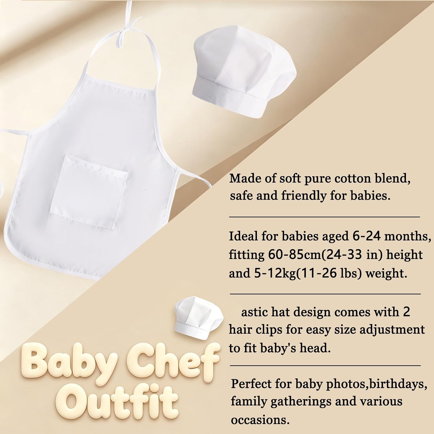 Baby Photography Prop, 2 Pack Boy Chef Hat Apron Photo Props with Hair Clips Set for 6-24 Months