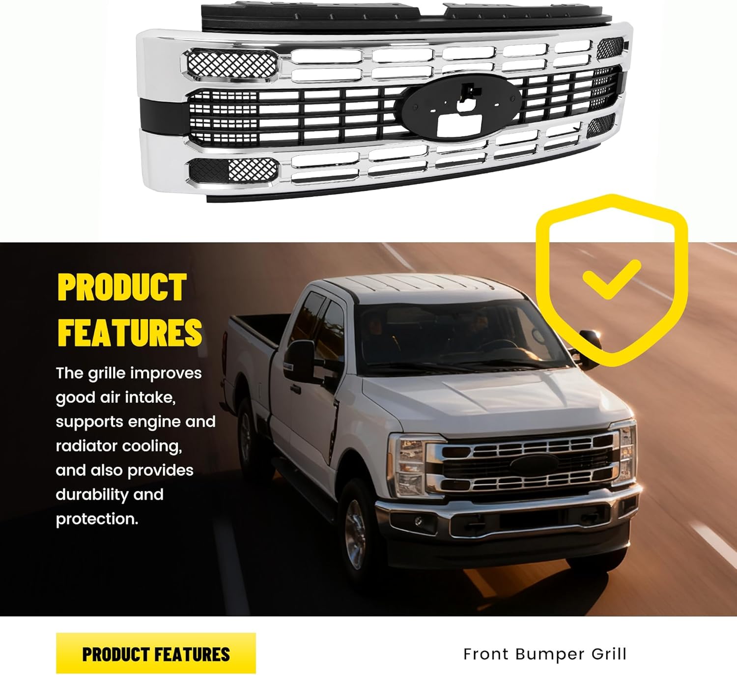 Grill Compatible with 2023-2025 Ford F250 F350 F450 F550 Super Duty Black+Silvery Front Bumper Chrome Grille Plastic(ABS) Replacement for PC3Z8200BB FO1200729