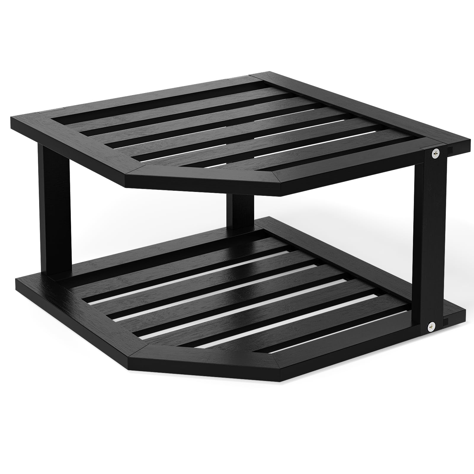 VERTORGAN Estante esquinero de 2 niveles, organizador de platos para gabinete, organizador de estantes de esquina de bambú, adecuado para organización y almacenamiento de despensa (color negro)