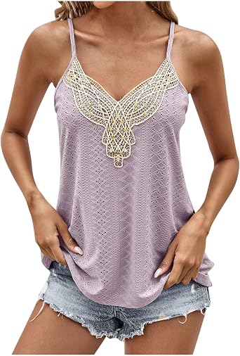 Womens Eyelet Tank Top Lace Patchwork V-Neck Spaghetti Strap Camisole Summer Breathable Hollow Out Sleeveless Vest