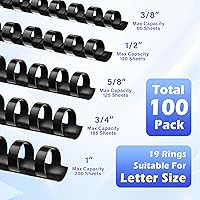 Vista 2 de TOTiyea Paquete de 100 peines de encuadernación de 19 anillos, varios tamaños, 3/8 pulgadas, 1/2 pulgada, 5/8 pulgadas, 3/4 pulgadas, 1 pulgada