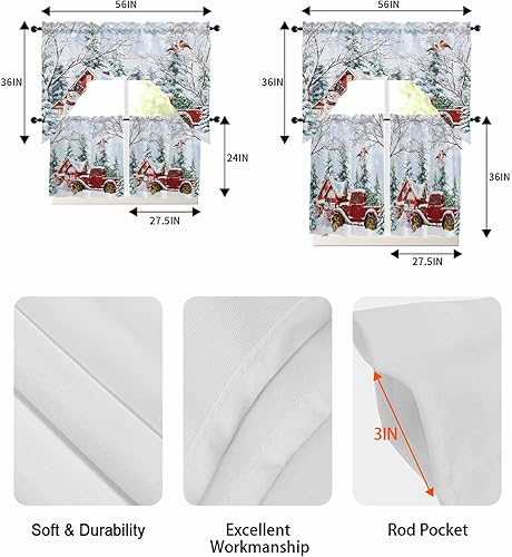 Miniatura 3 de Juego de cortinas navideñas con cenefa y niveles de cocina, 24 pulgadas de largo, color rojo, camión nevado, granja, árbol de Navidad, bolsillo para