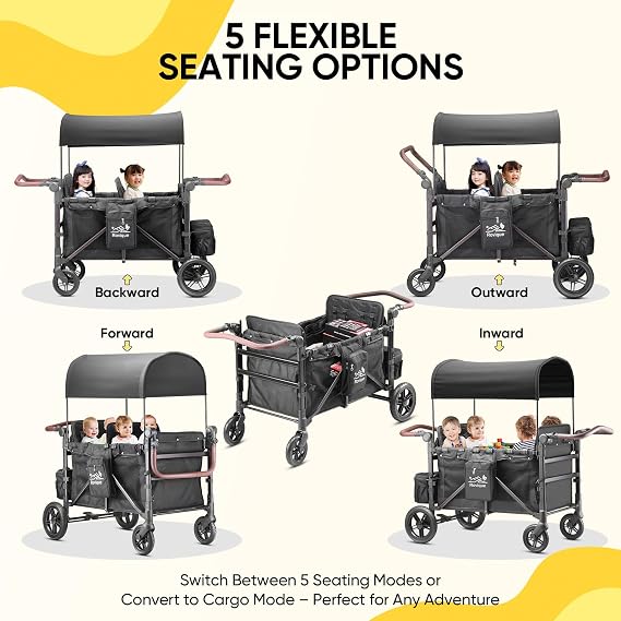 Rovique 4 Seater Wagon Stroller,Wagon Stroller for 4 Kids,Foldable (Black) | Removable Seats,All-Terrain Rubber Wheels,Removable Canopy,Snack Tray,Parent Cup Holder,5 Point Harness,Large Storage Bag