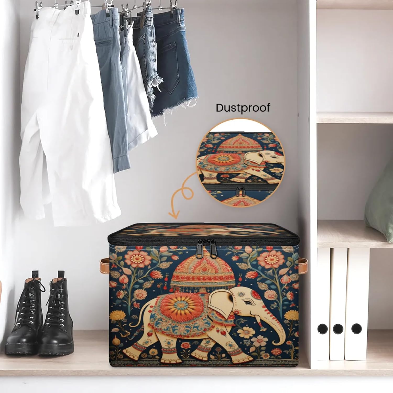 Storage Bin Set of 2 Ethnic Elephant Storage Basket with Zipper Lid & Handle Foldable Closet Shelf 2 Pack Cloth Organizer Basket Cube Bins Clothes Organizer for Nursery, Bedroom