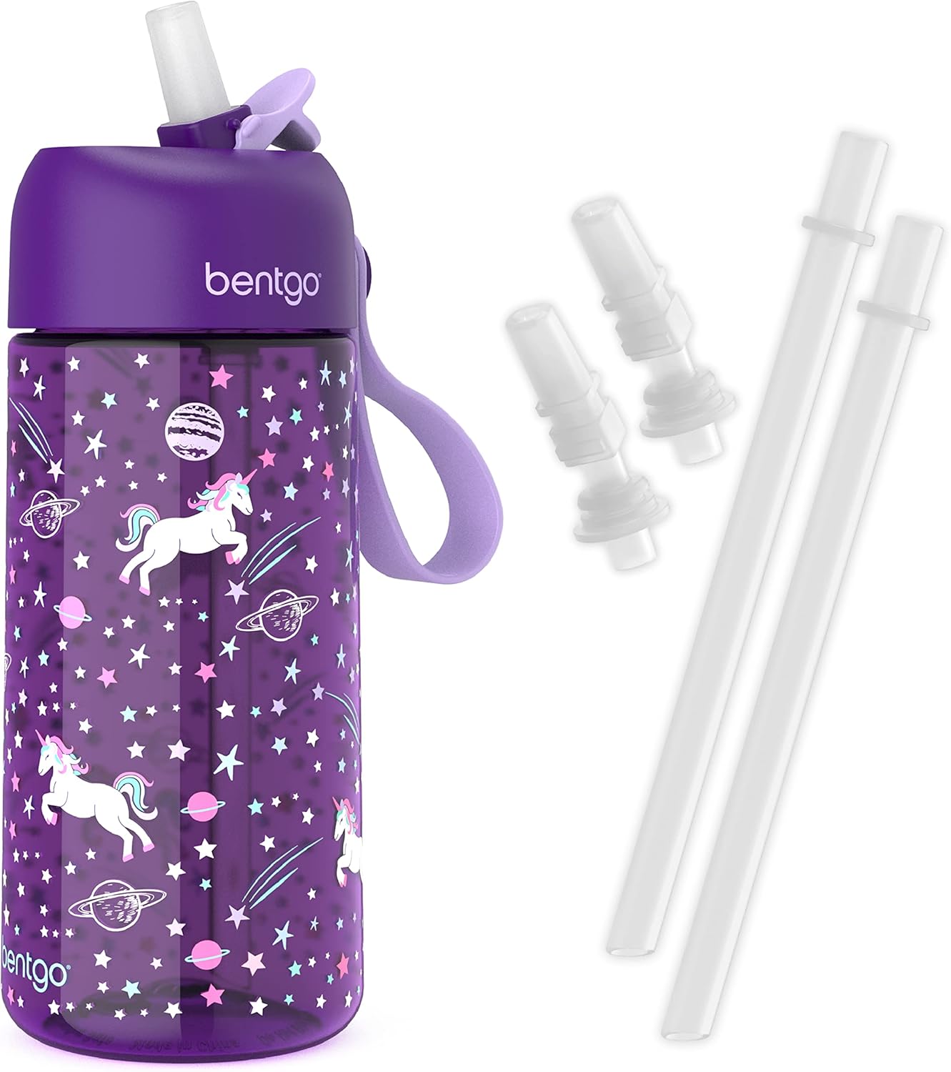 Bentgo® Kids Water Bottle - New & Improved 2023 Set With 2-Pack of Water Bottle Replacement Straws (Unicorn)