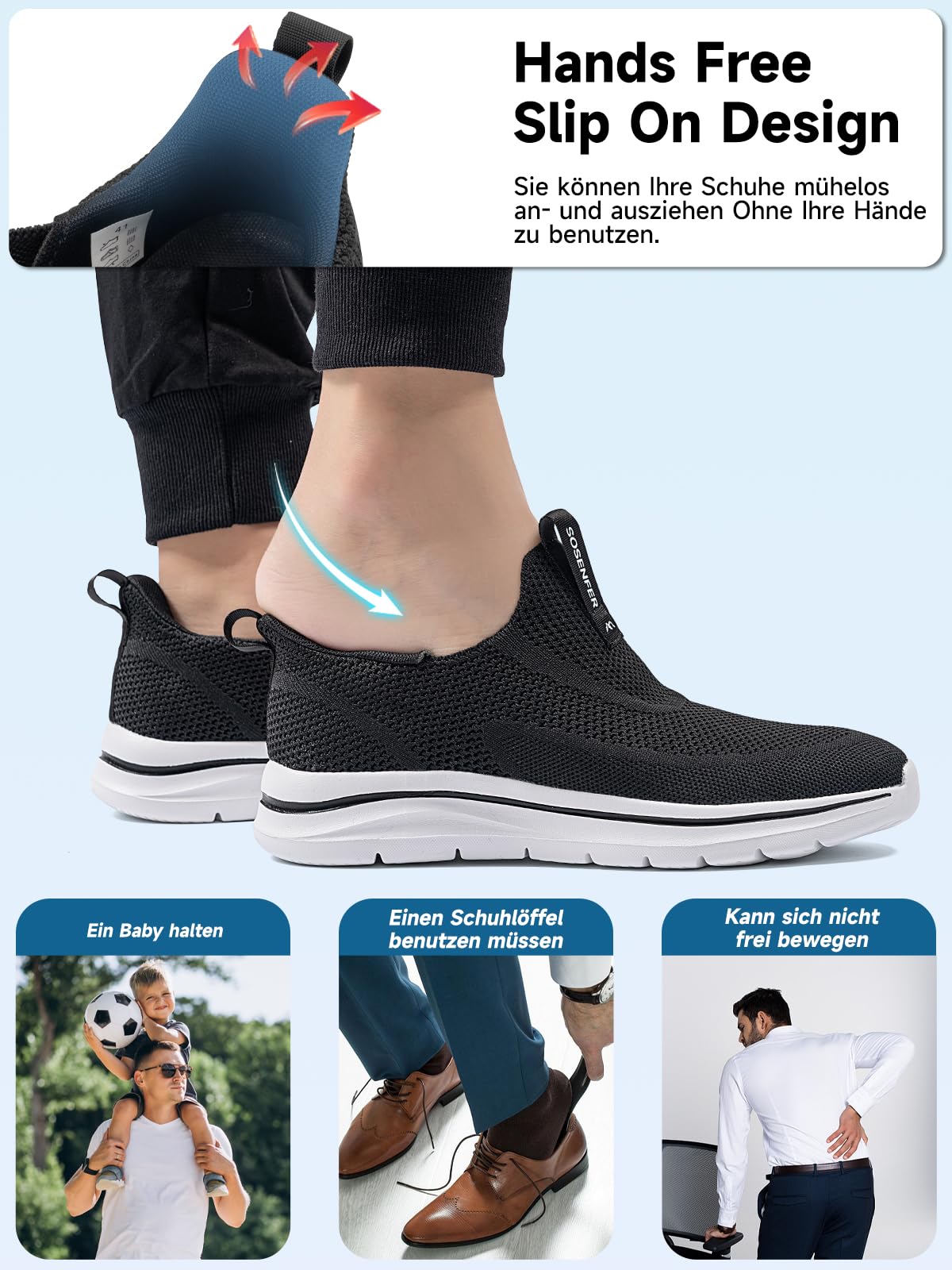 Sosenfer Schuhe Herren Slip On Sneaker Fitness Turnschuhe Atmungsaktiv Ohne Schnürsenkel Walkingschuhe Hands-Free Freizeit Schlupfschuhe