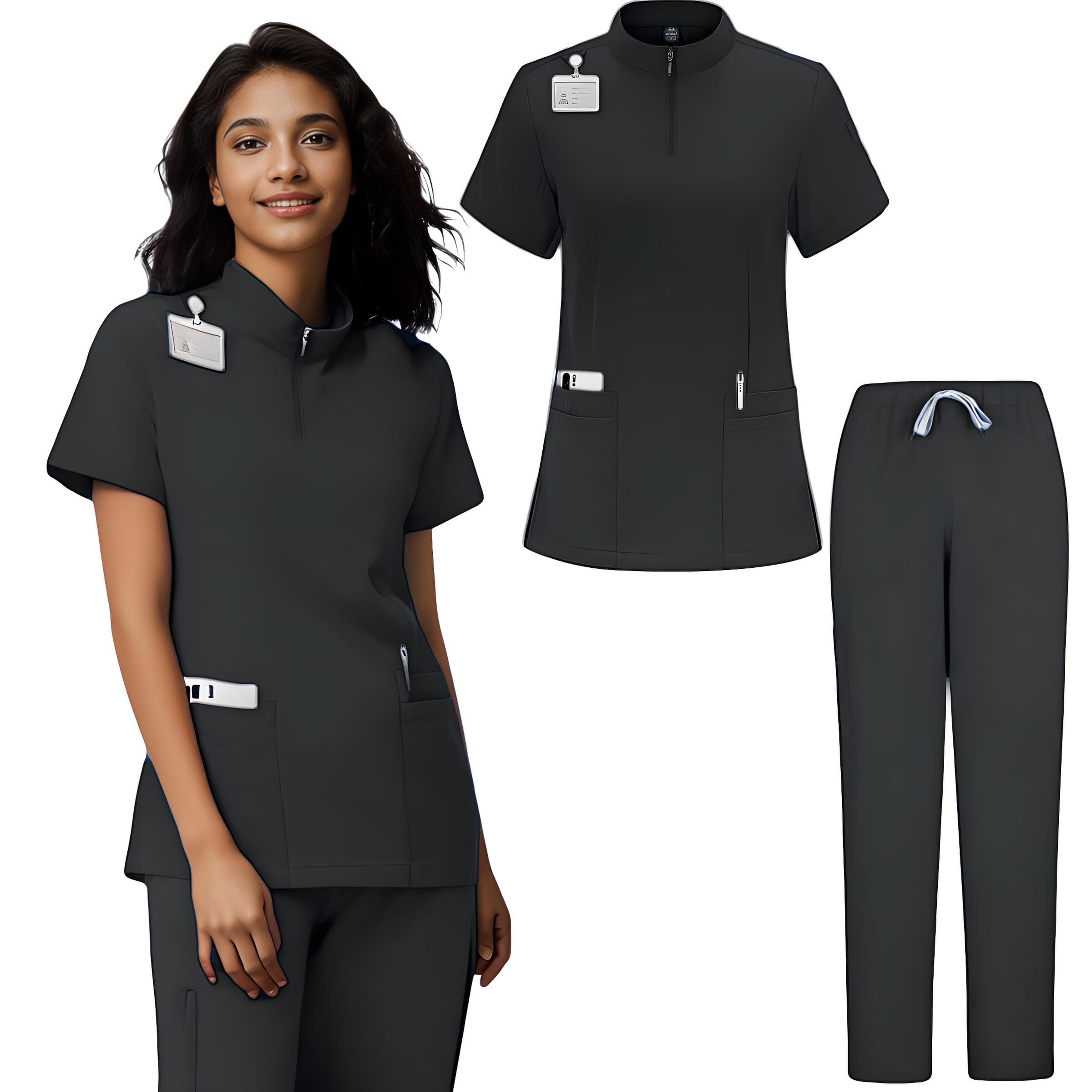 Conjunto de ropa quirúrgica médica para mujer, conjunto de ropa quirúrgica negra para mujer, conjunto de ropa quirúrgica para manos curativas para mujer (cremallera negra, M, M)