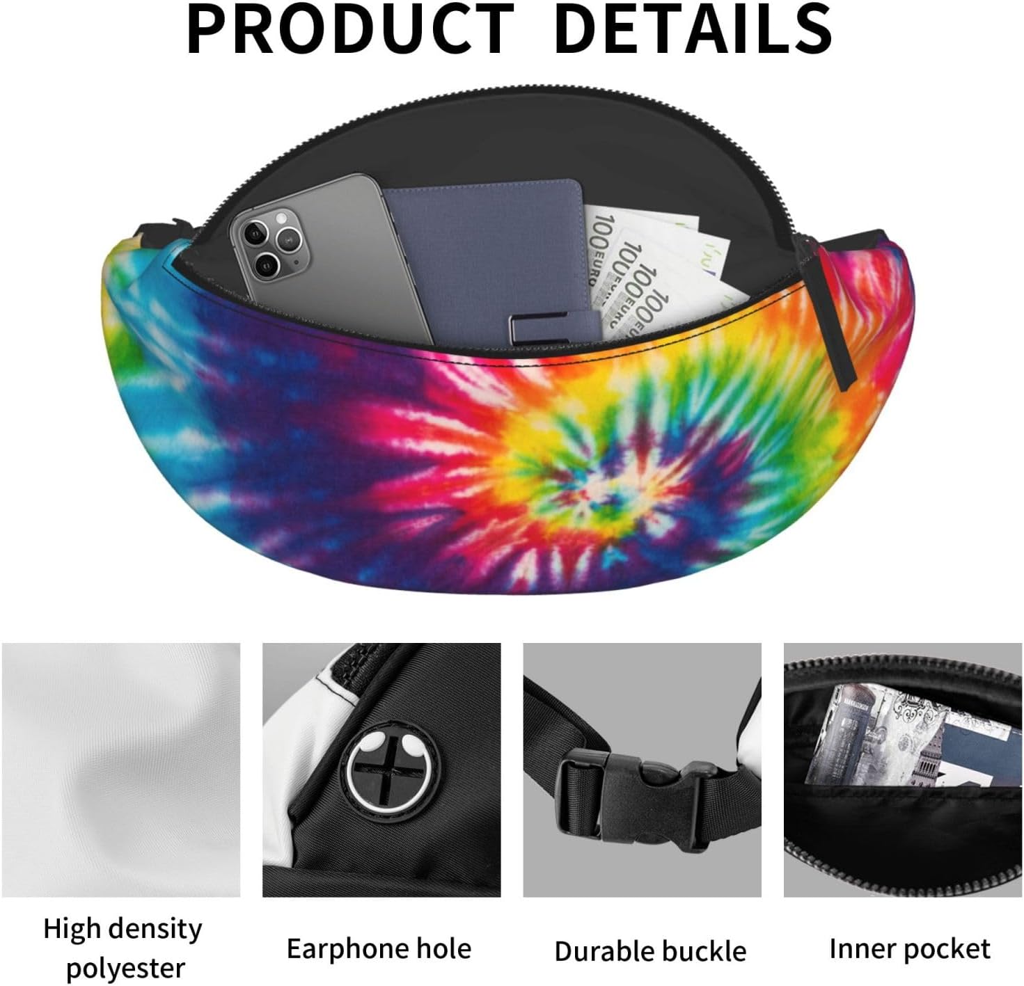 Colorful Tie Dye Rainbow Fashion Casual Fanny Pack Waist Bag Men Women Adjustable Belt Waist Bag For Travel Hiking Cycling Running Festival Carnival - Image 7