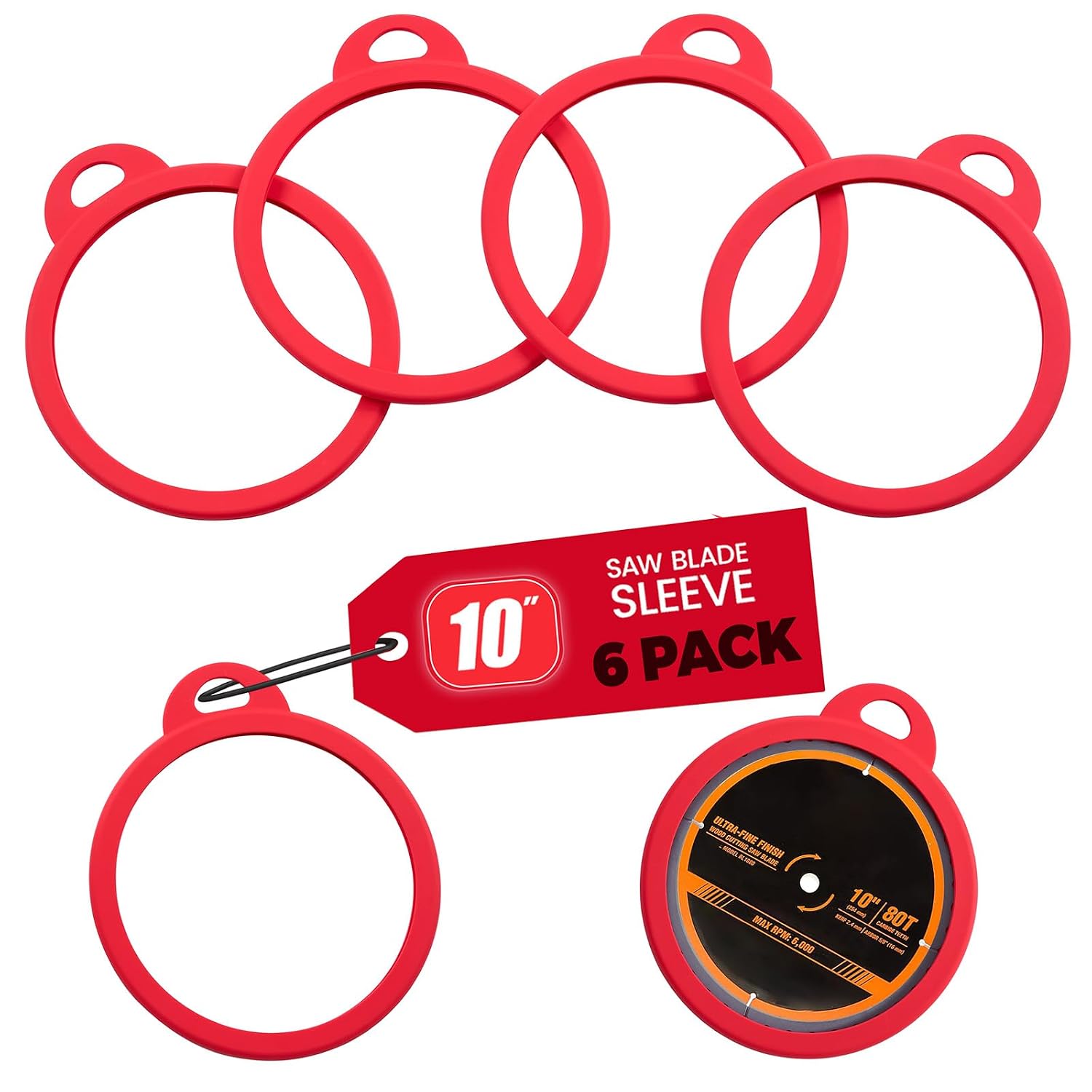 Saw Blade Storage 10" 6 Pack, Sleeve Silicone Saw Blade Protector Holder Cover, Protects Blade Edges Fingers and Easy to Access for Circular Miter Table Saw Blades and Table Saw Accessories