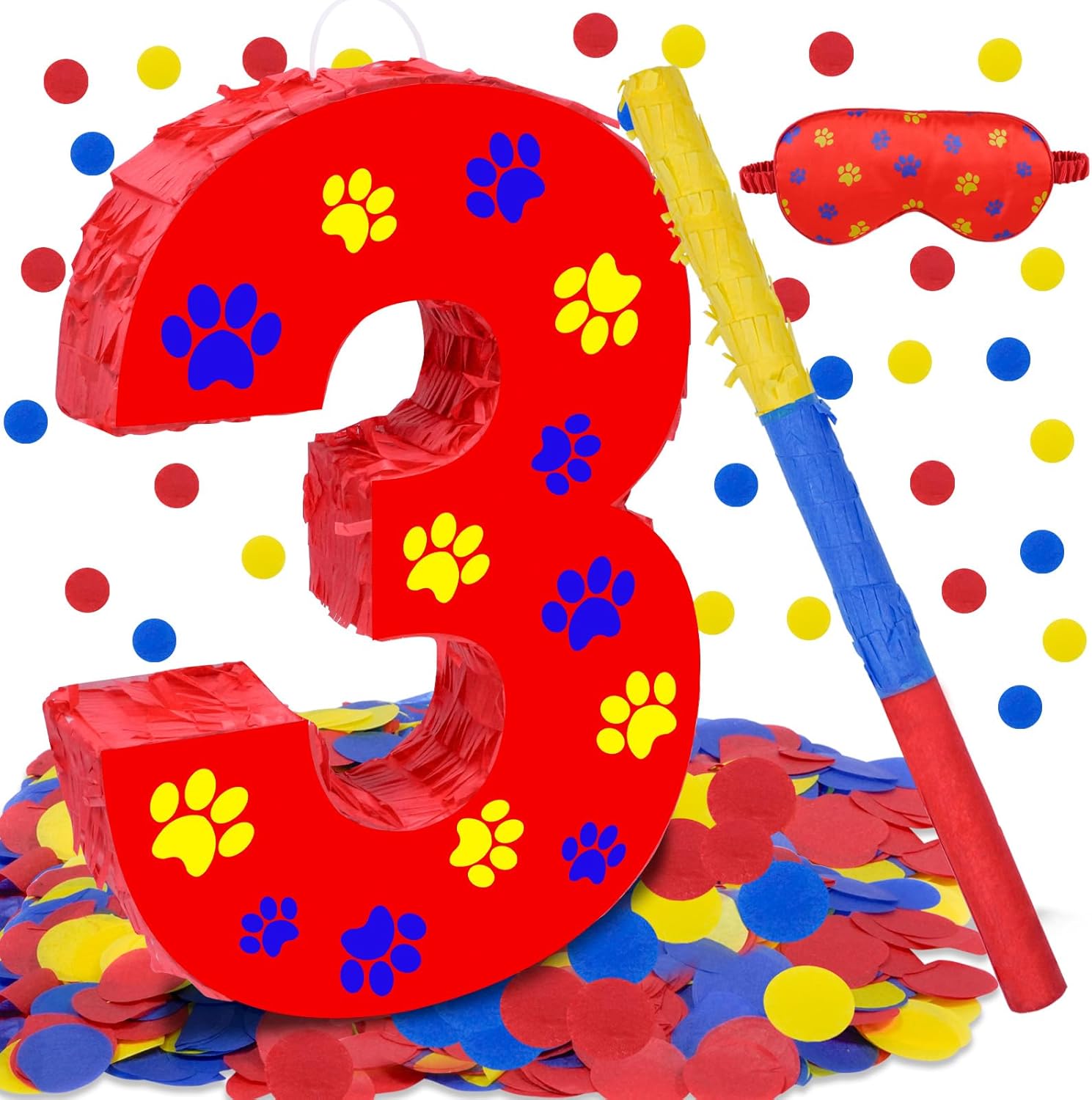 Dog Paw 3rd Birthday Decorations, Dog Paw Printing Number 3 Piñata with Blindfold Stick and Confetti for Red Dog Paw Birthday Party Supplies (red dog paw 3rd)