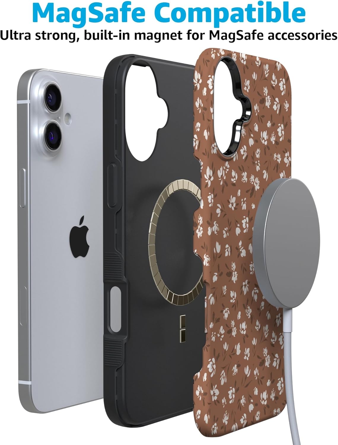 Casely iPhone 16 Case | Mocha Meadow | Tiny Flowers | Bold Protective Design | Compatible with MagSafe