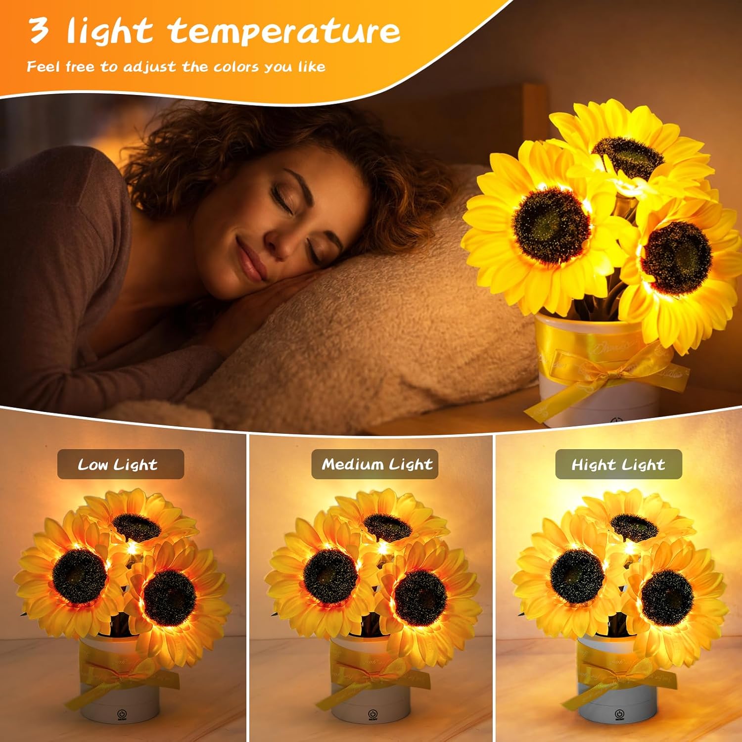 2 Sets Sunflower LED Lamp USB Rechargeable Touch Night Light, Sunflower Gifts for Women 3 Color Dimmable with Cards, Ribbons Gift Boxes Battery Flower Decor for Bedroom Birthday Mother's Day Mom Gifts