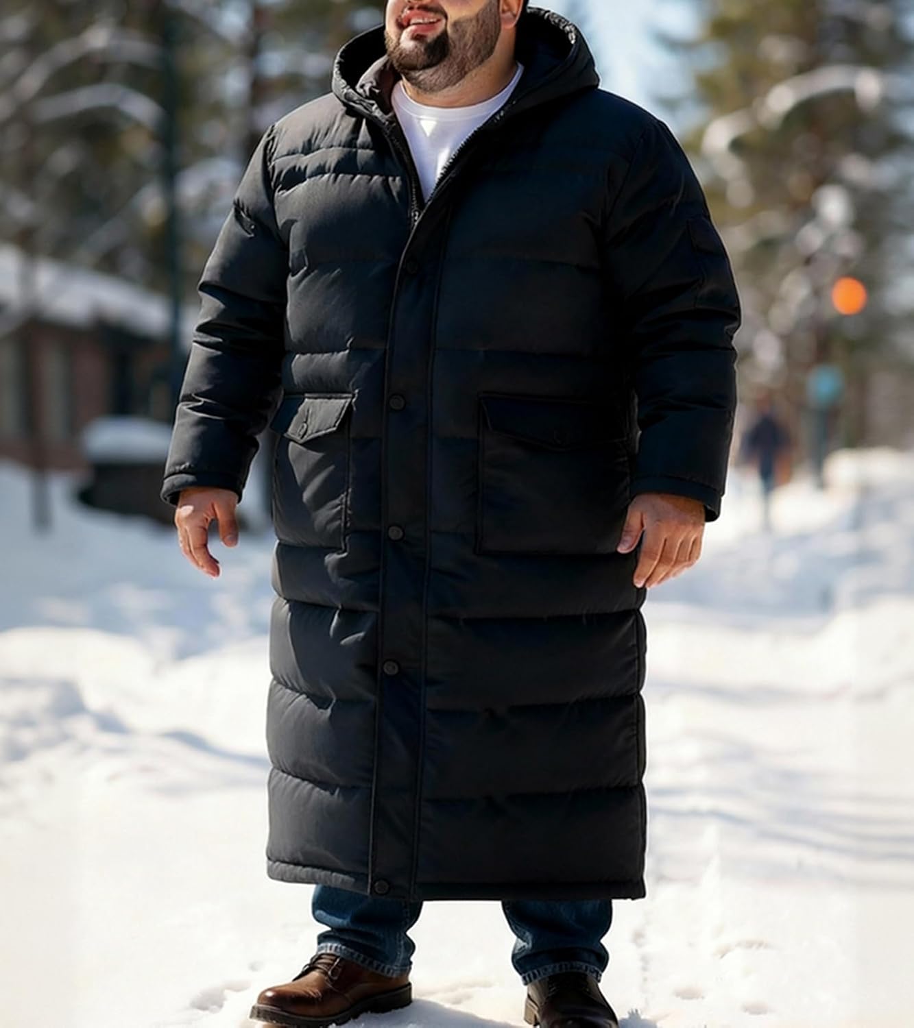 Men's Long Hooded Down Jacket Thicken Puffy Warm Winter Coat Quilted Insulated Puffer Jacket