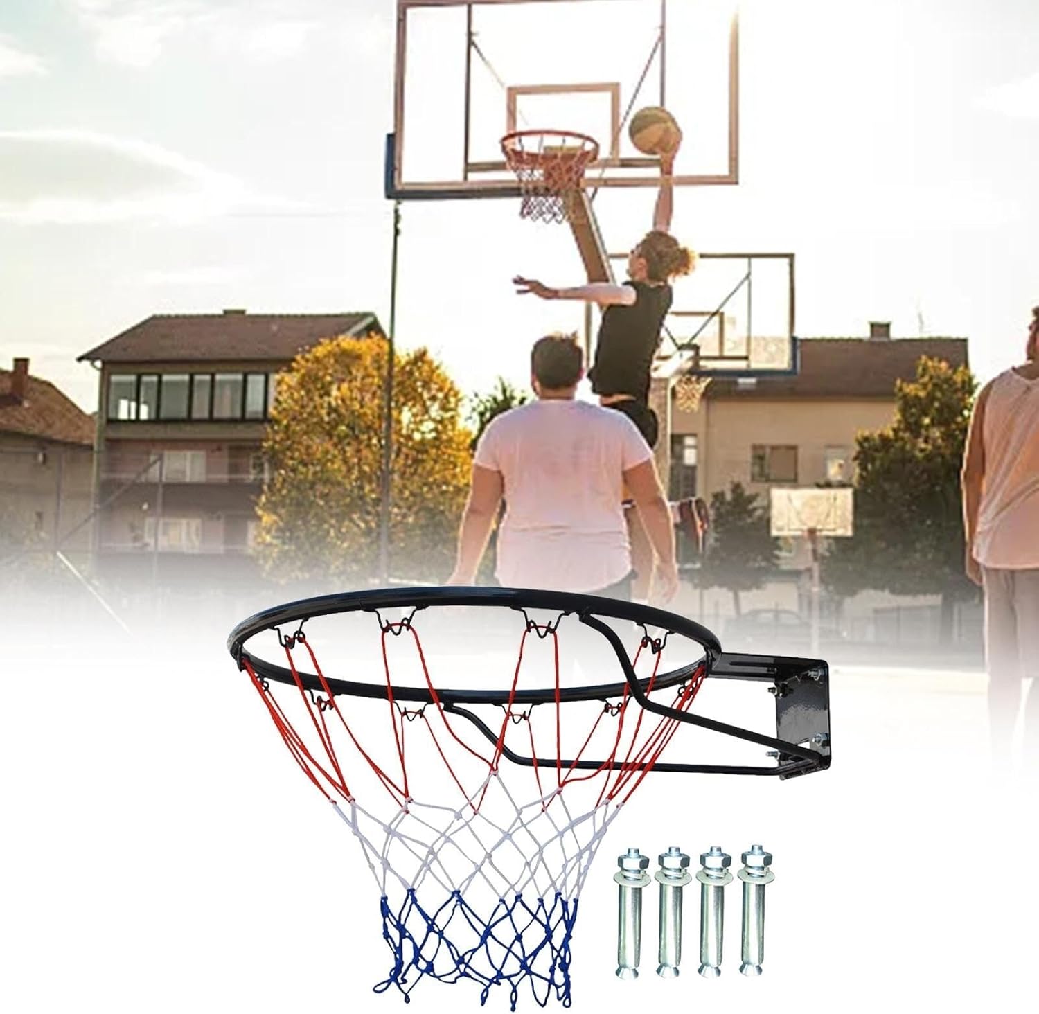 Basketball Rim Goal 17.7'' Universal Hanging Hoop Heavy Duty Wall Mounted Basketball Hoop with Net for Outdoor Home Backyard
