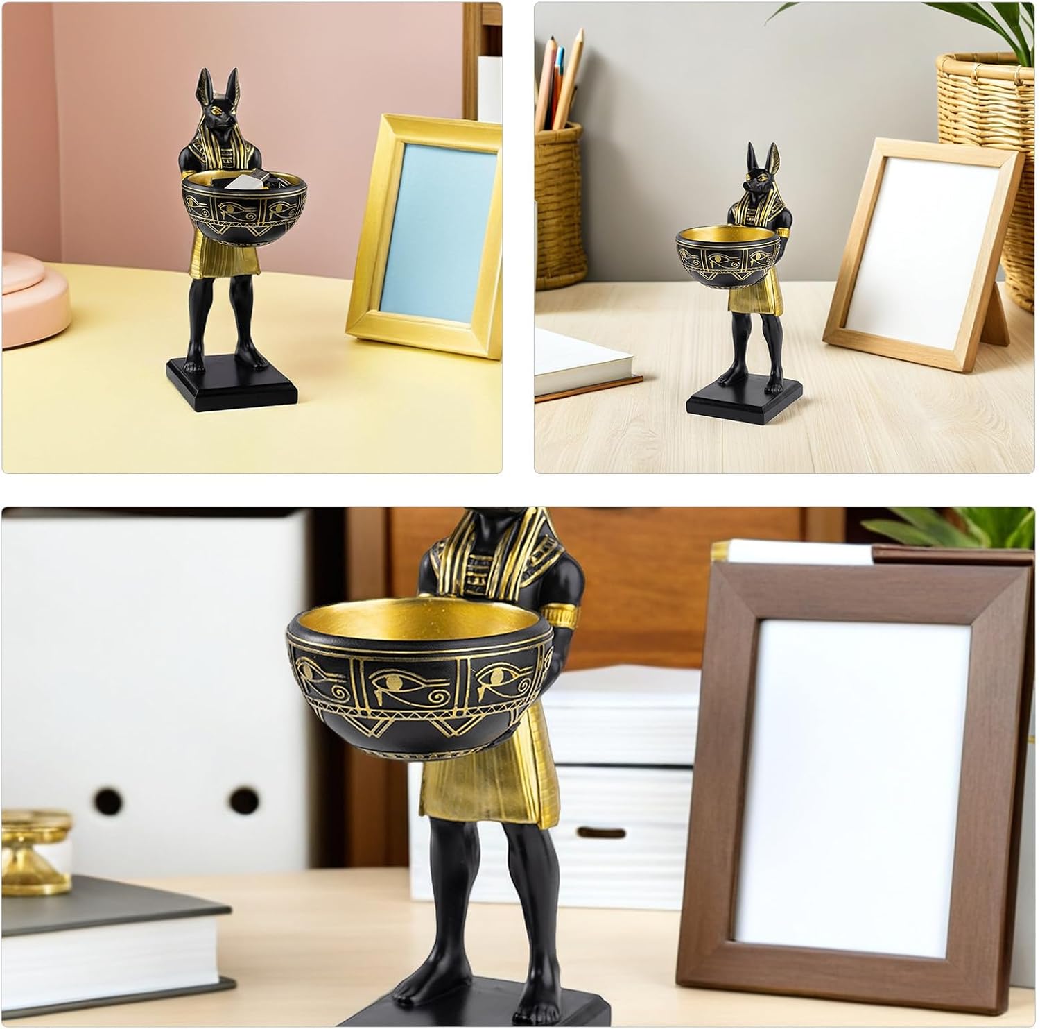 Operitacx Egyptian Anubis Resin Statue Candy Dish and Decorative Snack Bowl Unique Ancient Egypt Themed Desk Organizer Tray for Keys Jewelry Coins Elegant Entryway Centerpiece for Living