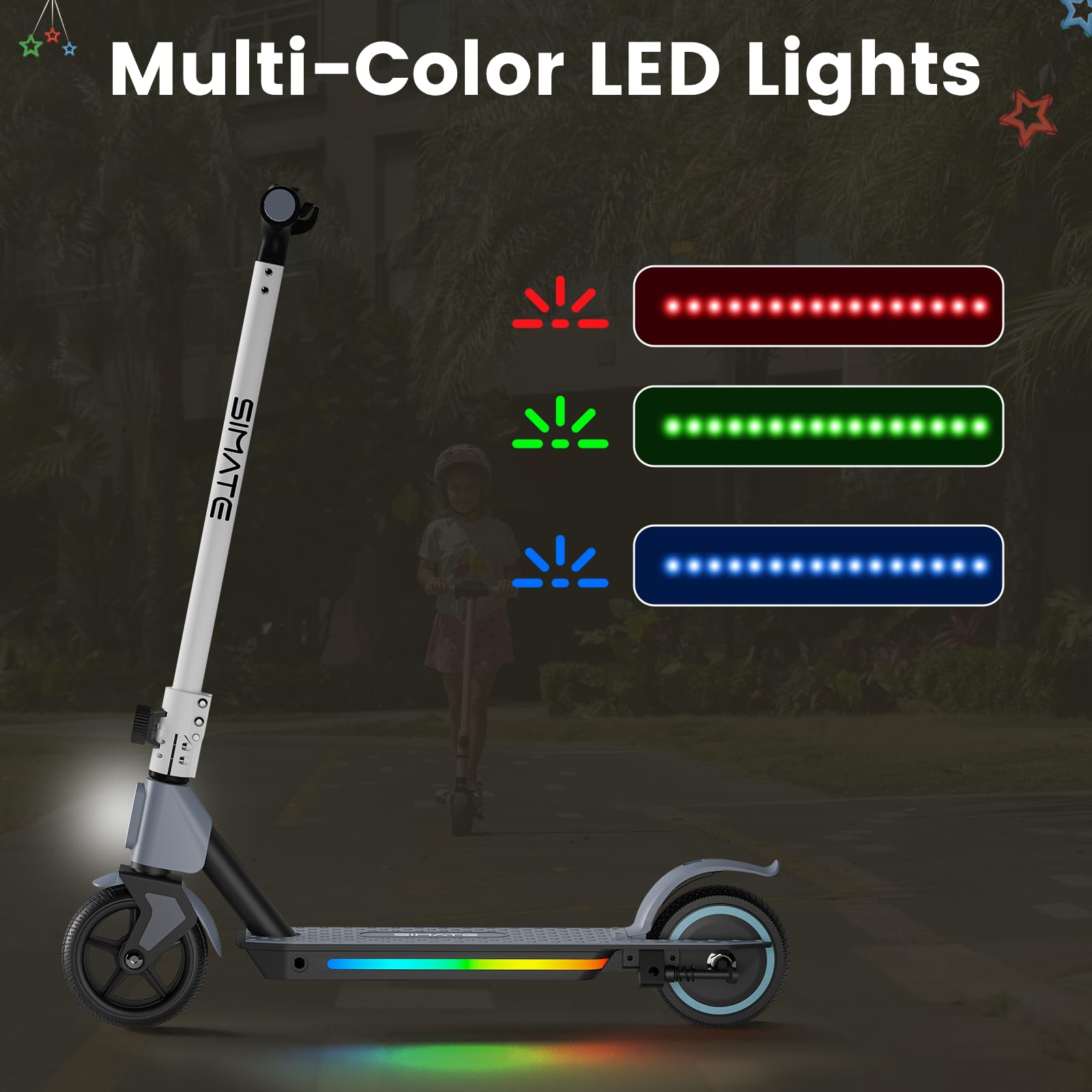 SIMATE Electric Scooter for Kids 6-14, e Kick Scooter with LED Display and Colorful Lights, Adjustable Height and Foldable, Double Brake, Gifts for Kids Girls Boys