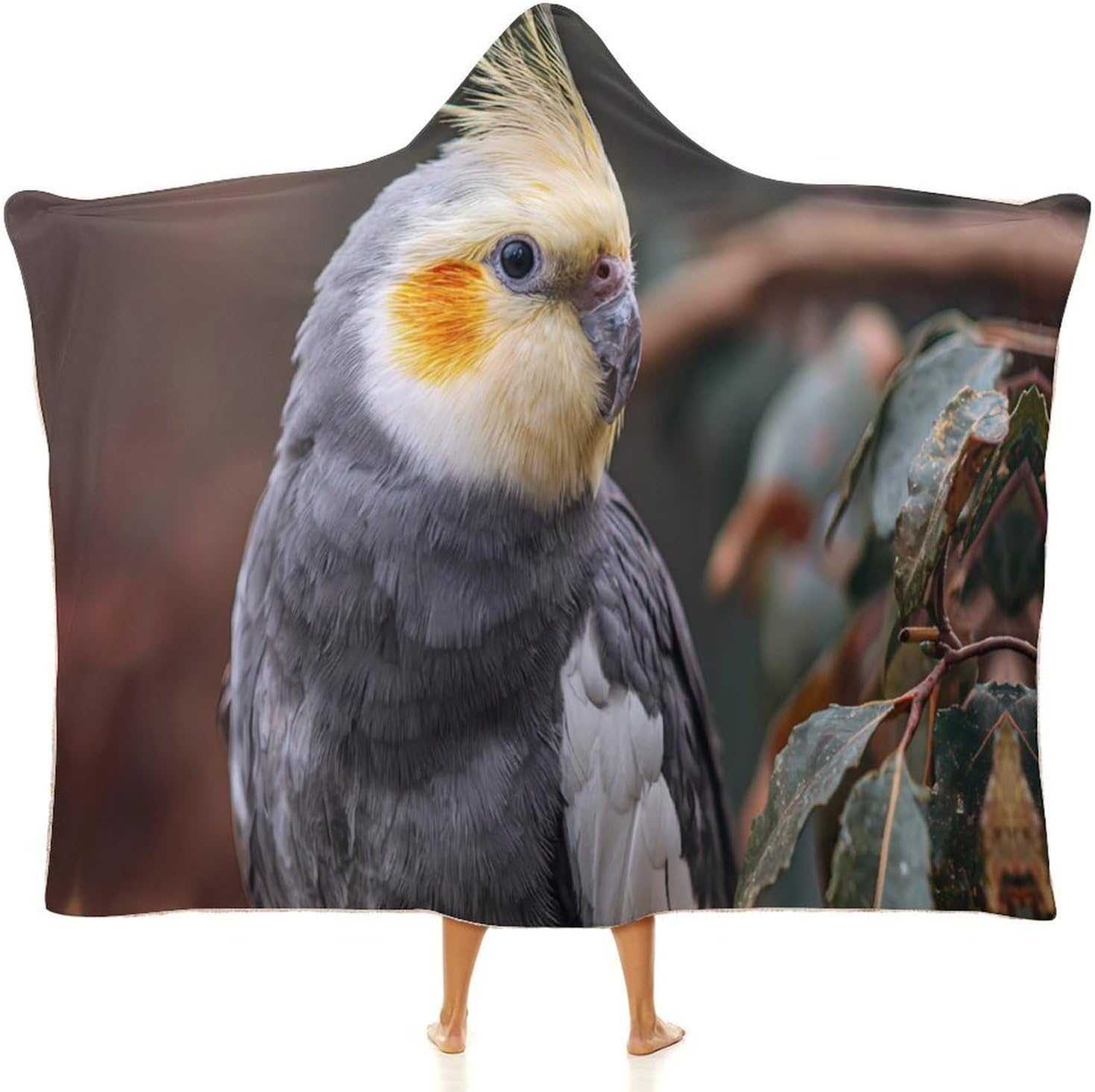 Cockatiel on The Branches Wearable Blanket Hoodie | Flannel Fuzzy Machine Washable Home Camping Lounging