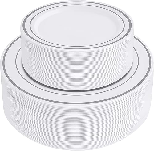 SETUP 100 platos de plástico con borde plateado blanco combinado, platos desechables para fiestas, platos de boda de alta resistencia, 50 platos
