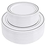 SETUP 100-Piece Silver Trim Plastic Dinnerware Set - 50 10.25 Dinner & 50 7.5 Salad Plates - Heavy-Duty Disposable for Weddings, Catering, Parties