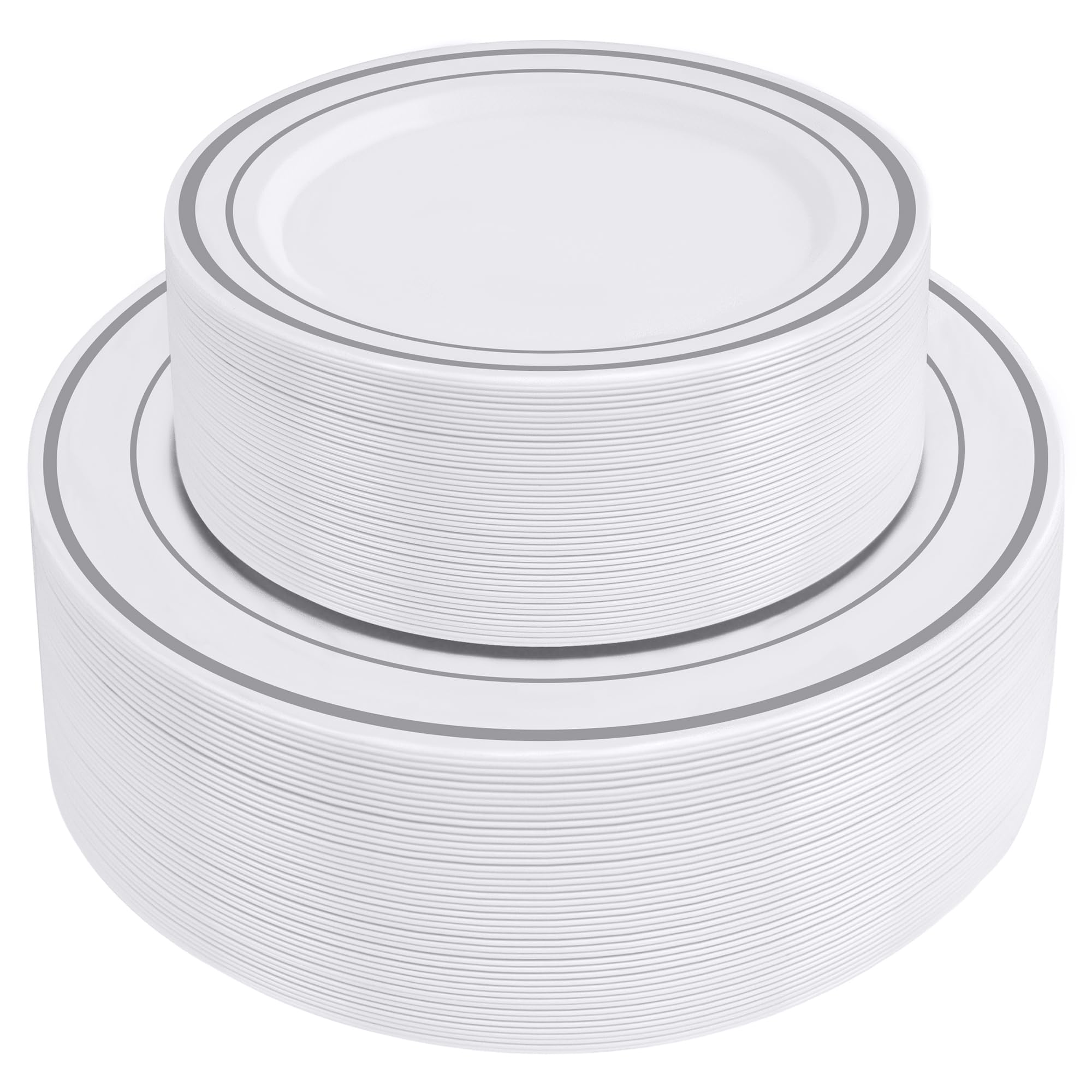 SETUP, (100 Piece Combo Silver Trim Plastic Plates - Premium Heavy-Duty 50 Disposable 10.25" Dinner Party Plates and 50 Disposable 7.5" Salad Plates