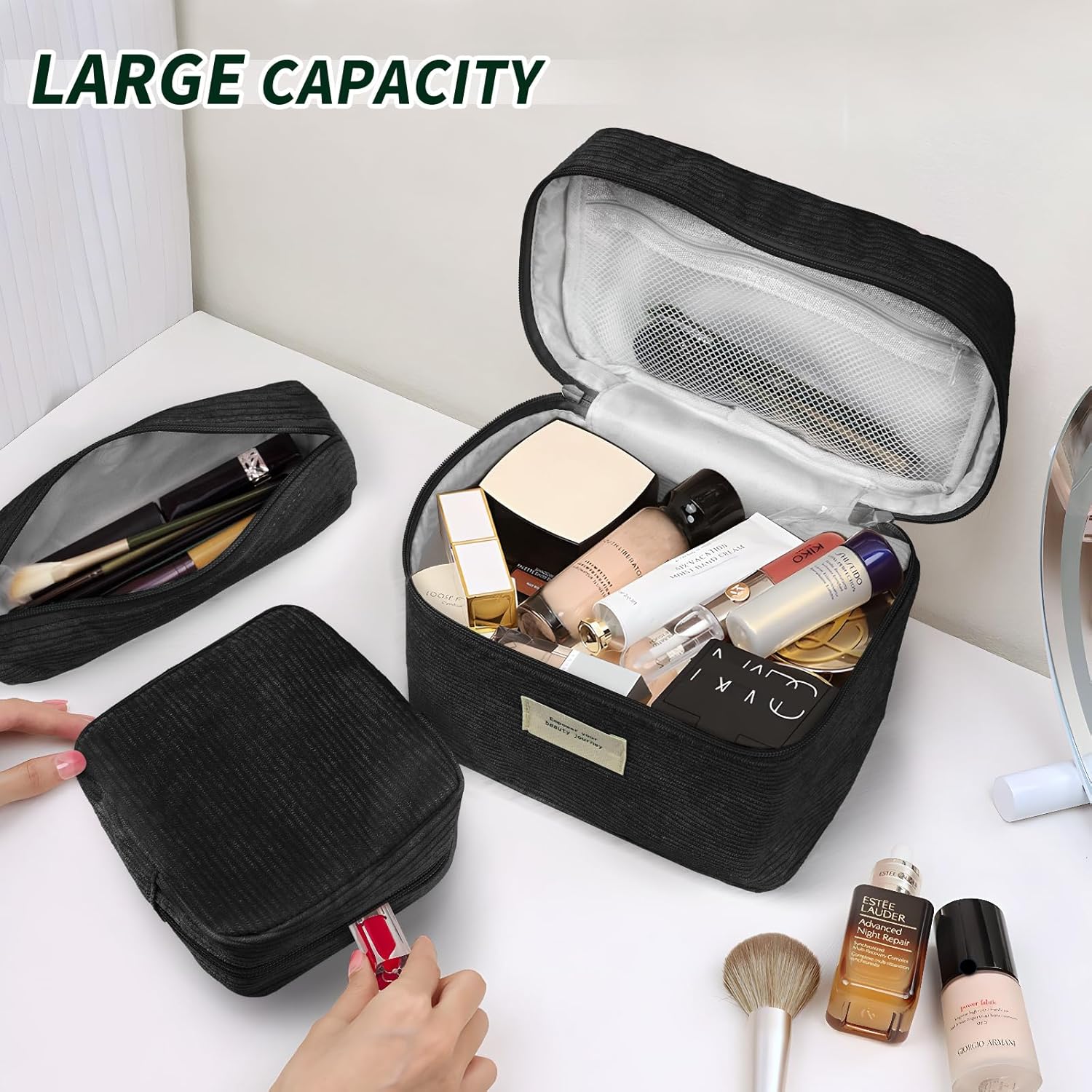 4 Pcs Makeup Bag for Women Corduroy Cosmetic Bag Aesthetic Cute Bags Multi Size Purse Pouch Travel Toiletry Bag Set Makeup Organizer with Zipper(Black) - Image 4