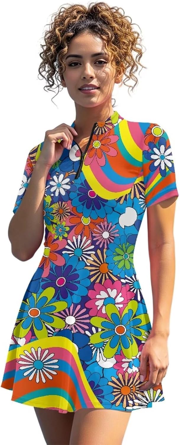 Golf Outfits for Women Short Sleeve Tennis Dresses, Workout Dress with Built-in Shorts Pockets Dress