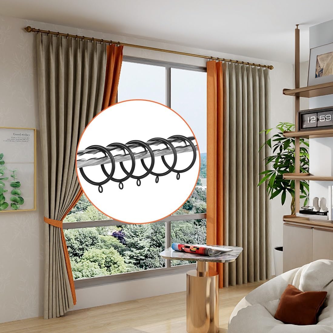 Curtain Ring Metal 2.0 inch Inner Diameter with Eyelets fit up 1.5 inch Rod (Black-42PCS)