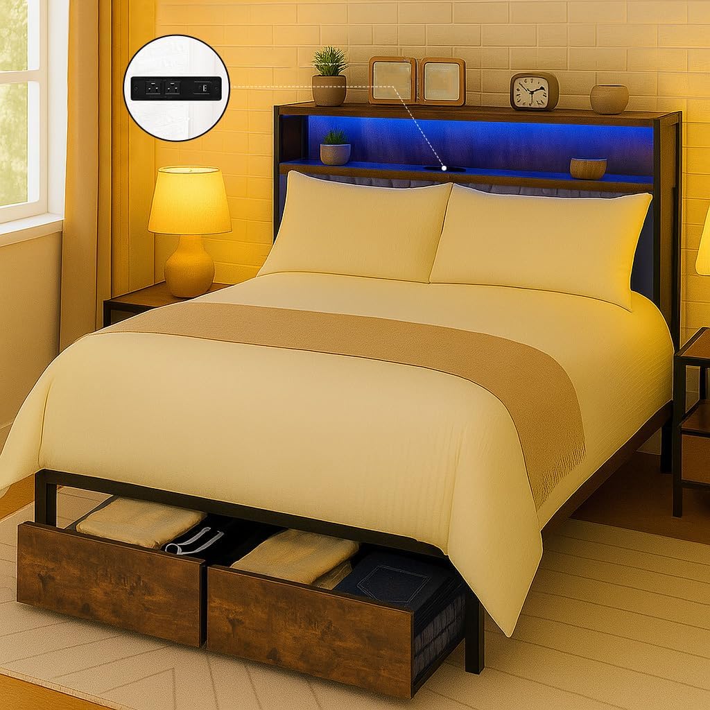 COMHOMA Platform Bed Frame with LED Lights and Charging Station, Storage Headboard and Footboard Drawers, No Box Spring Needed, Rustic Wood Look (Queen (U.S. Standard))
