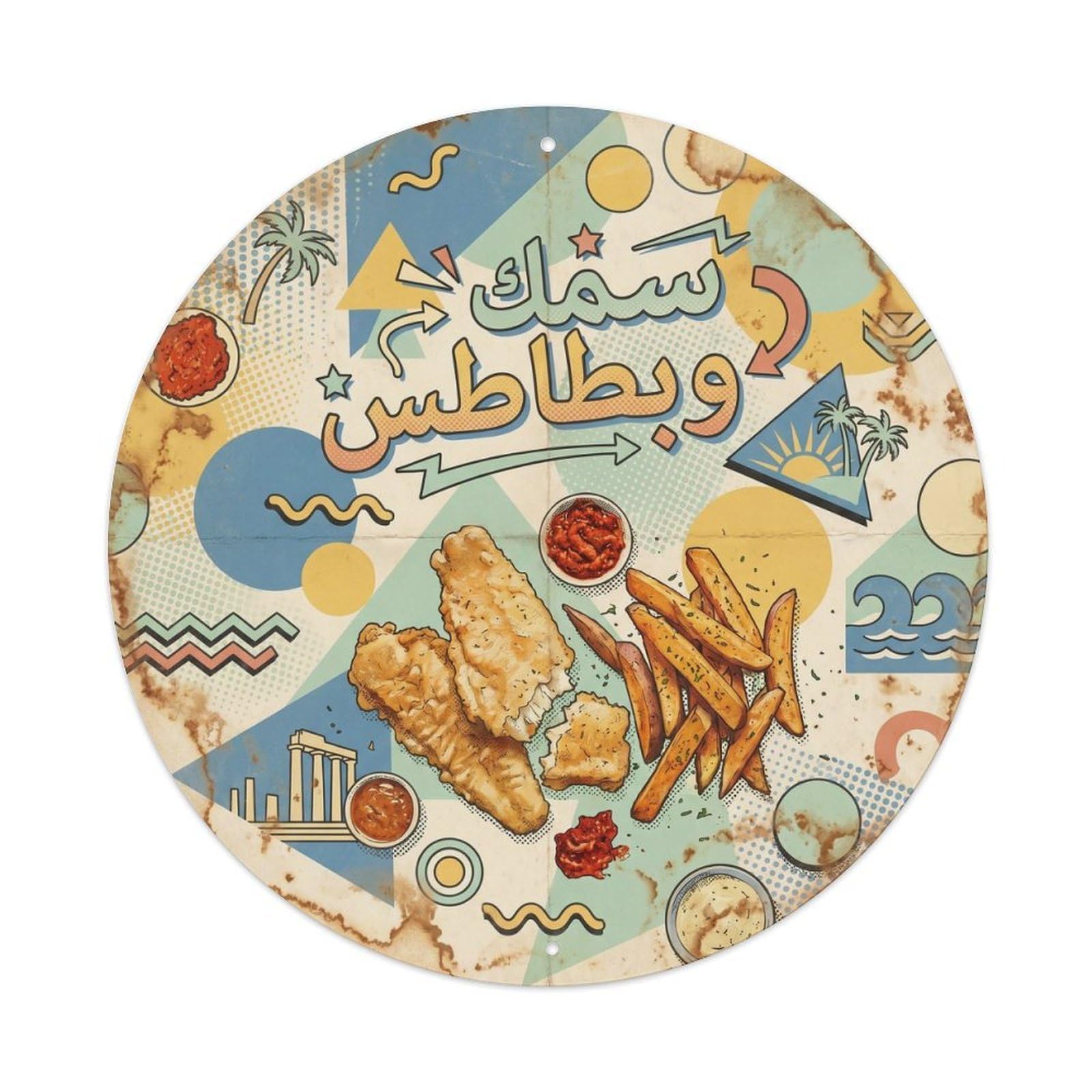 Regional Fried Fish Coastal Food Geometric Memphis Metal Tin Sign