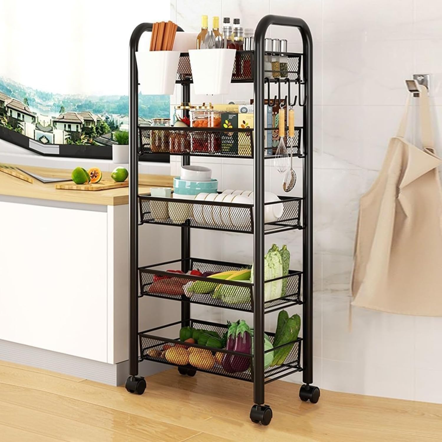 5 Tier Stackable Metal Mesh Vegetable Rack, Vegetable Storage Cart, 360 Degree Wheels, Fruit Basket, Kitchen Storage Rack, Fruit and Veg Storage Basket