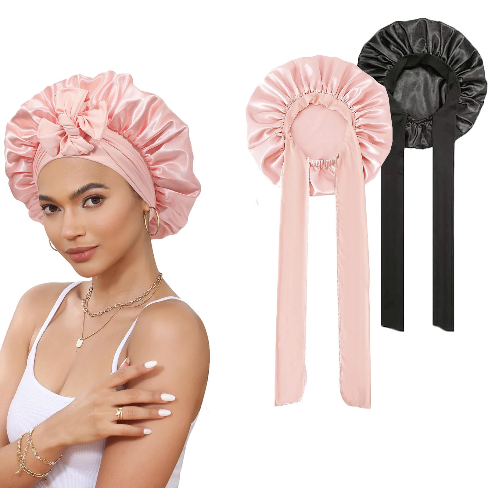 2 Pezzi Cappello da Notte in Raso Bonnet,Berretto da Notte in Seta,Berretto da Notte Raso Elastico,Cuffia Seta Capelli Ricci,Notte Cuffia in,per Dormire,Doccia