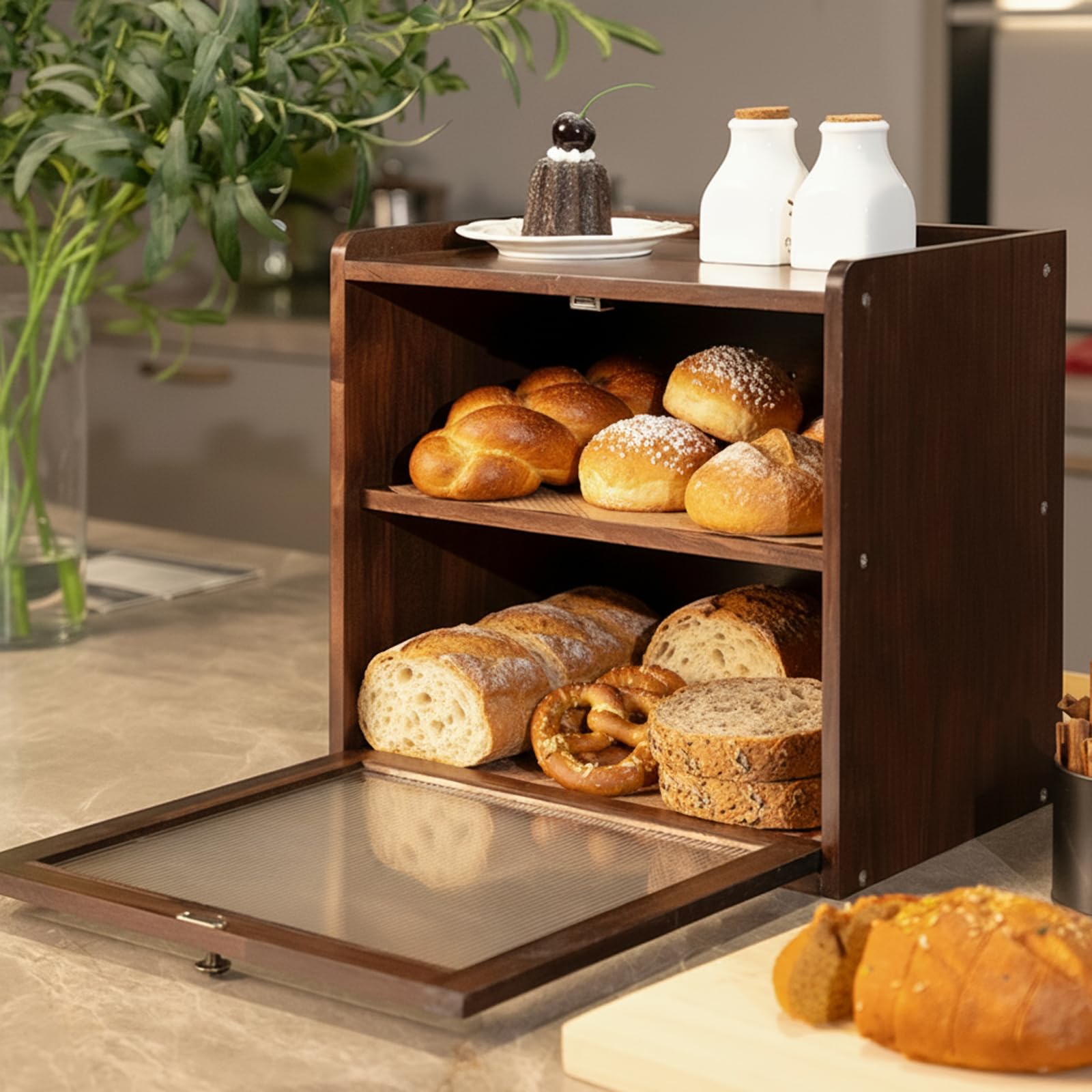 Kiefernholz Brotkasten Groß mit 50 Deli-Papier, Holz Brotkästen mit Belüftung, Brotdose für Brot & Obst, Ästhetische Aufbewahrungsbox für Küche, 36 x 24 x 34 cm, 3.5 kg