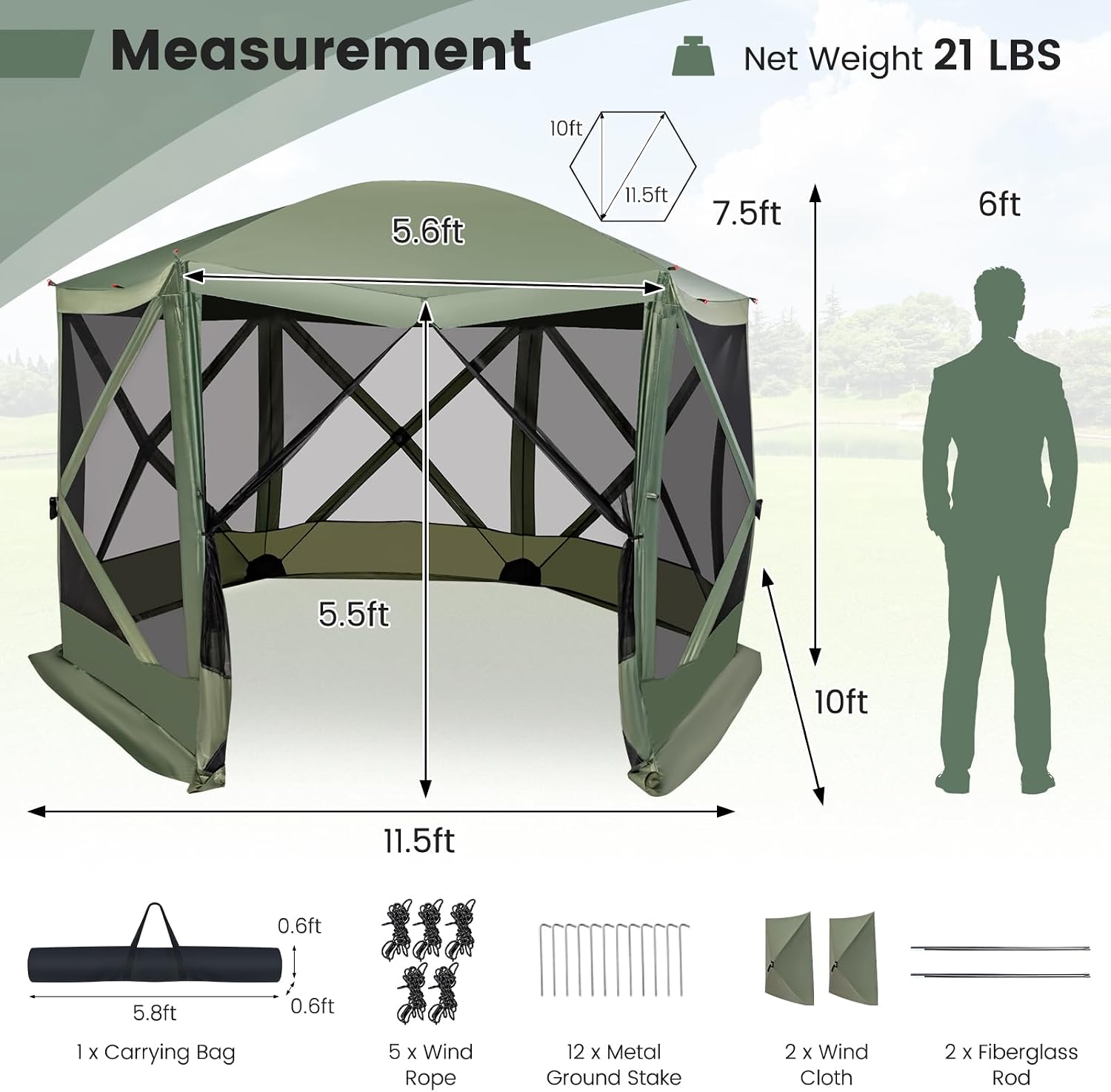 KOTEK 6 Sided Pop Up Gazebo, Outdoor Canopy Shelter with Mesh Walls, Portable Carry Bag, 2 Wind Cloth, 6-8 Person Screen Tent for Camping Traveling Hiking Patios Lawn Backyard, 11.5 x 11.5 ft (Green)
