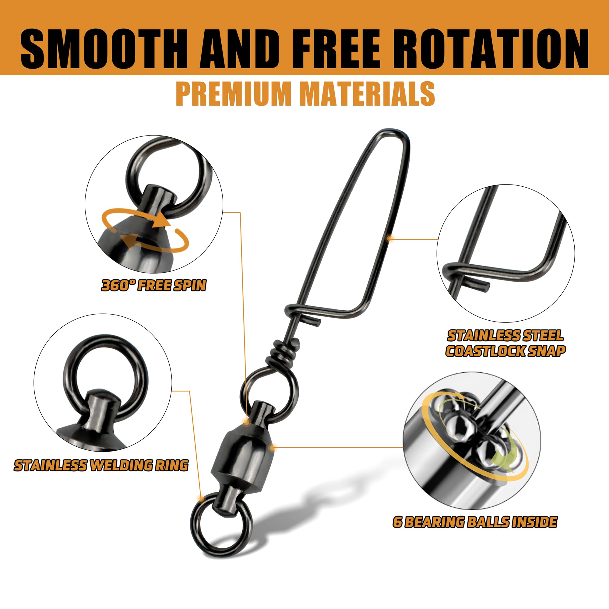 Piscorush Fishing Snap Swivel Ball Bearing Fishing Swivels with Coastlock Snaps High Strength Saltwater Connector Freshwater Corrosion Resistance Black Nickel Size #0-#10 (Size #3_60lb - Image 4