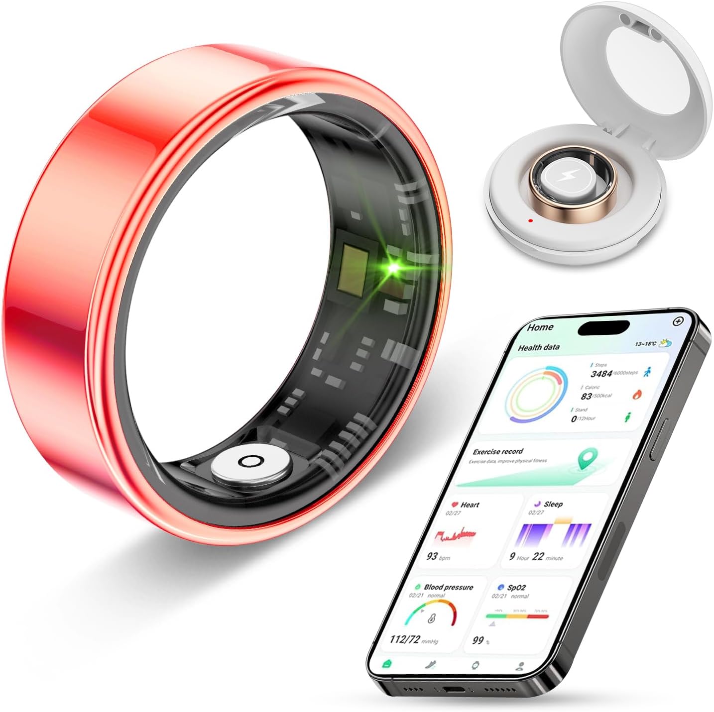 Smart Ring Vital Health Tracker for Men Women with Charging case – IP68 Waterproof Fitness Ring with Sleep Tracker/Heart Rate/Blood Oxygen/Steps/Distance/Calories,Air Gestures,No Subscription,Red #8