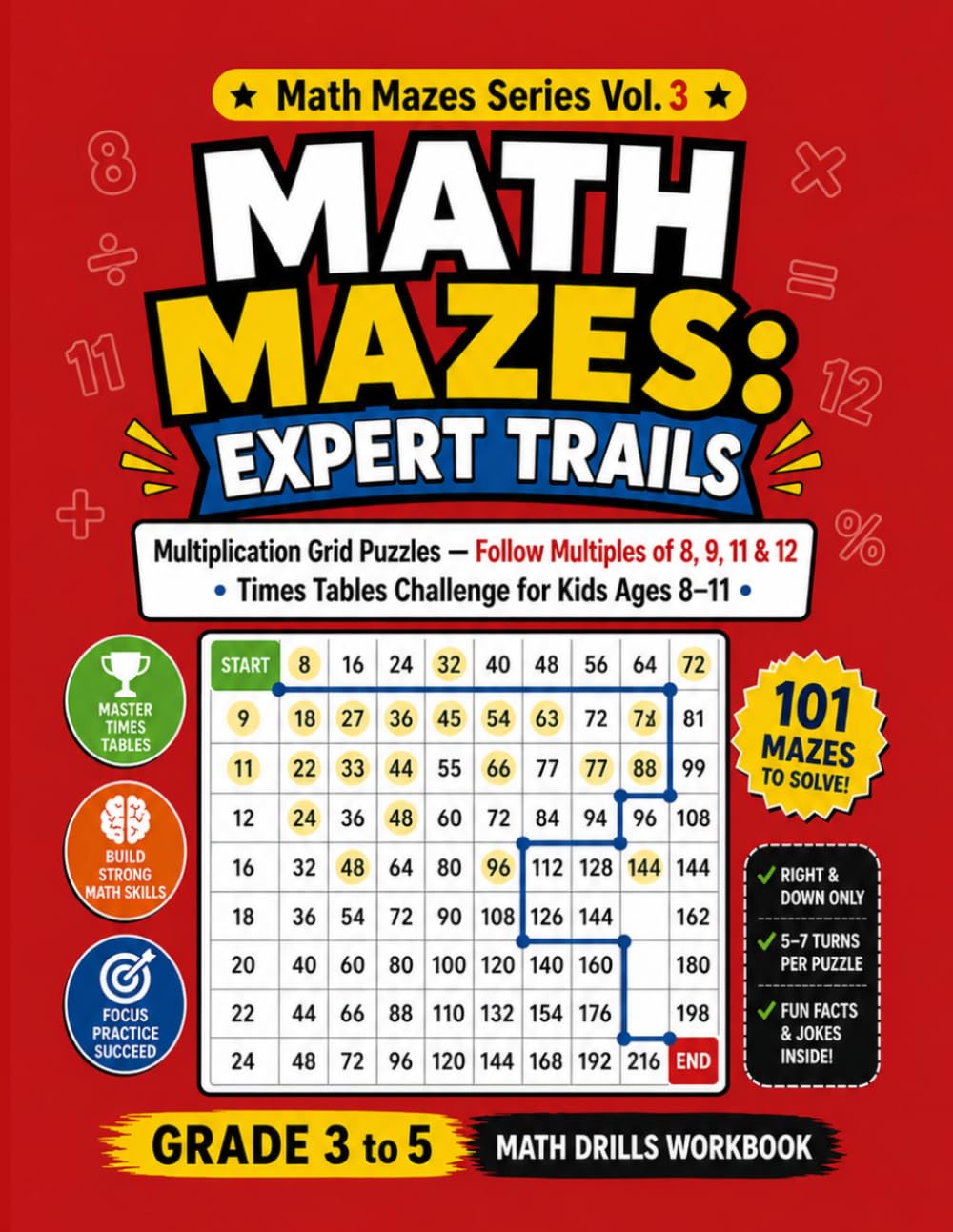 Math Mazes Expert Trails: Multiplication Grid Puzzles — Follow Multiples of 8, 9, 11 & 12 | Times Tables Challenge for Kids Ages 8–11 | Grade 5 Math ... (Series 3) (Math Mazes: Follow the Multiples)