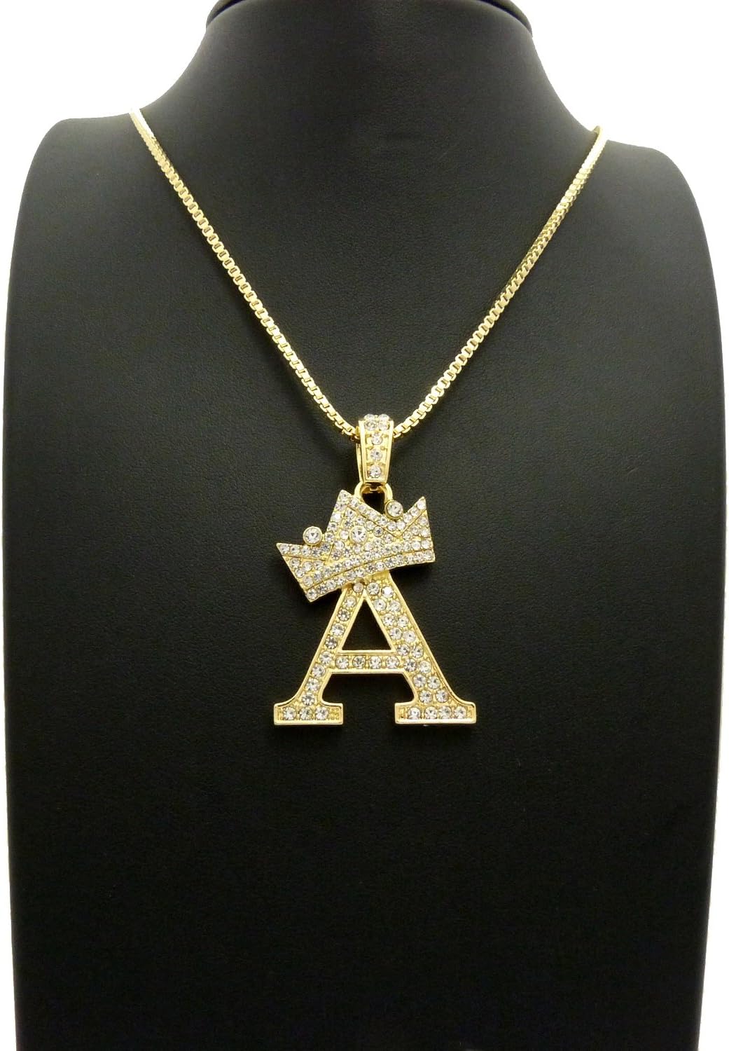 Fashion 21 Iced Out King Crown Alphabet Initial Pendant 2mm 24" Box Chain Necklace in Gold, Silver Tone (A - Gold)
