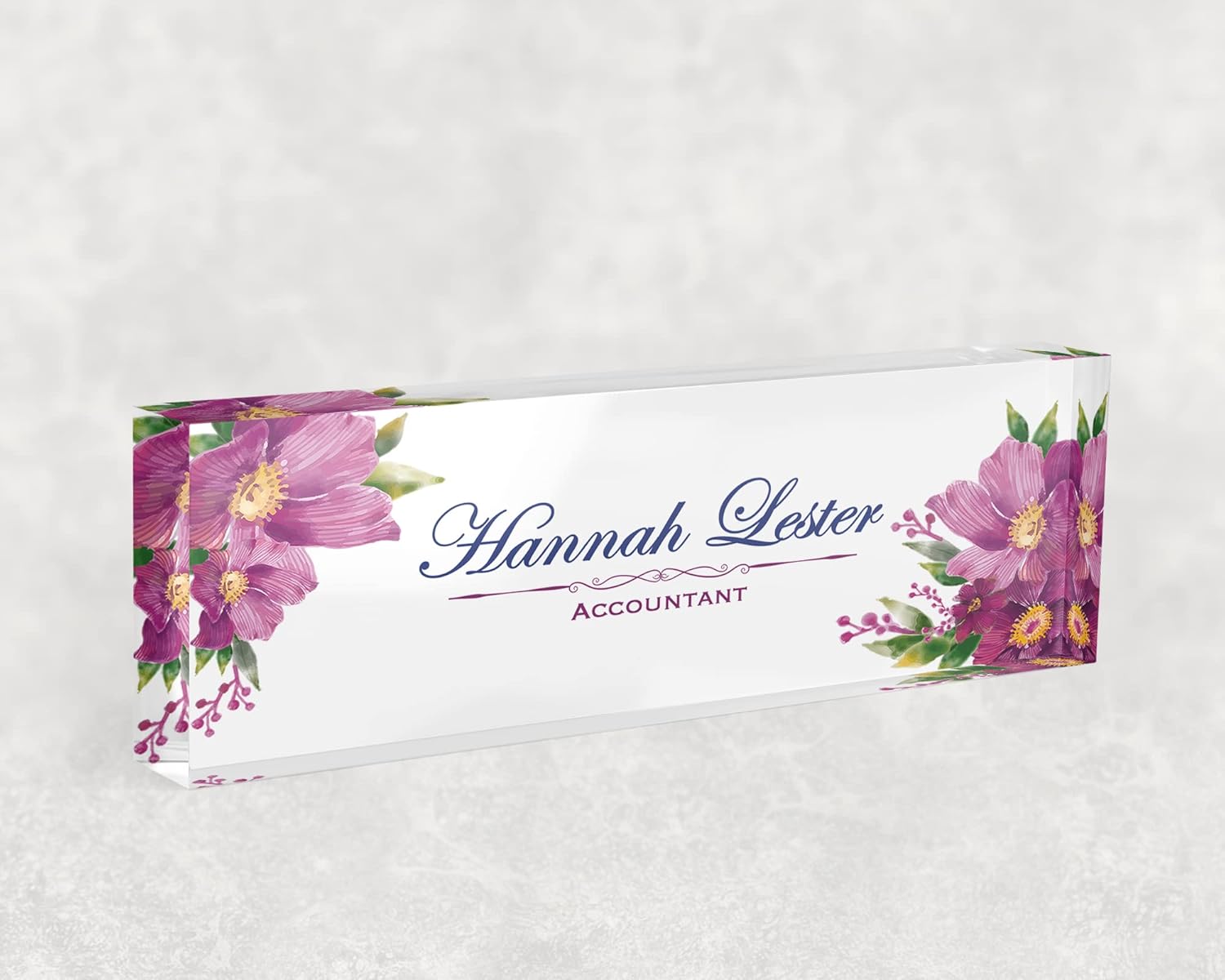 Office Desk Name Plate Custom Personalized Desk Plates Plaque Office Flower Office Sign Desk Accessories Name Plaque (Purple Flower)