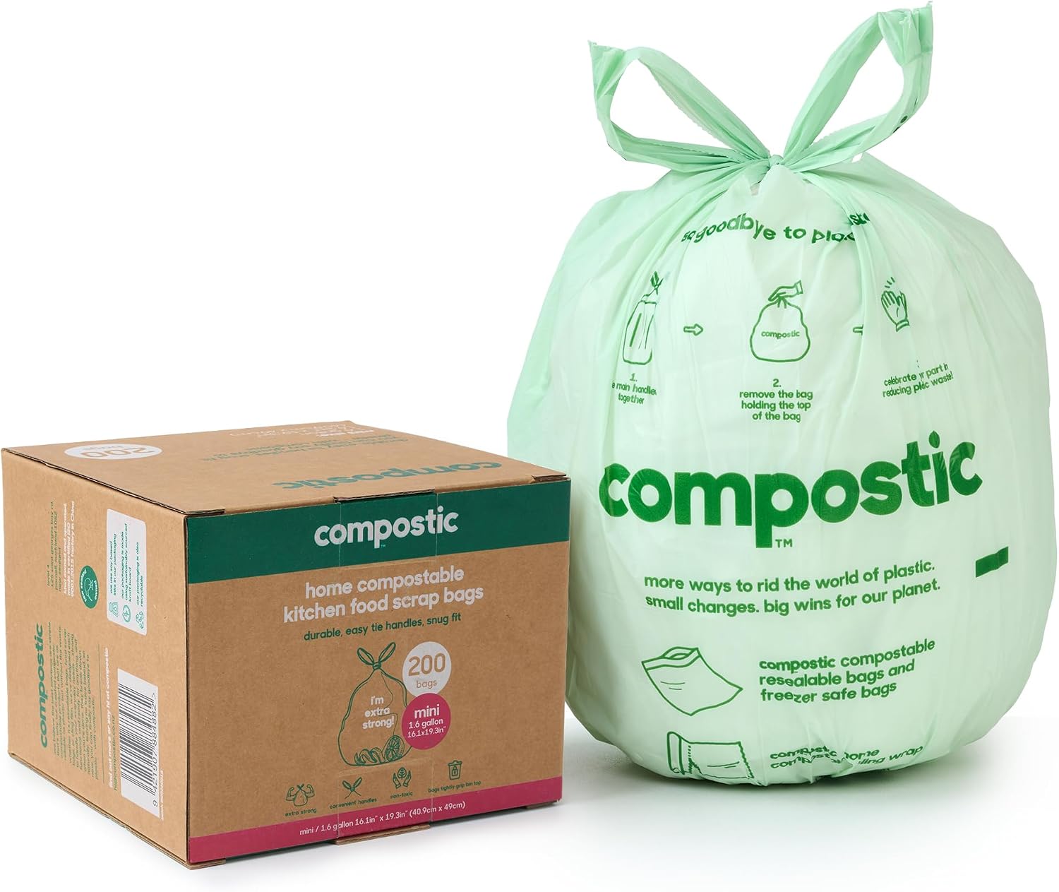 Compostic Compostable Trash Bags, 1.6 Gallon Mini Bin, 200 Ct