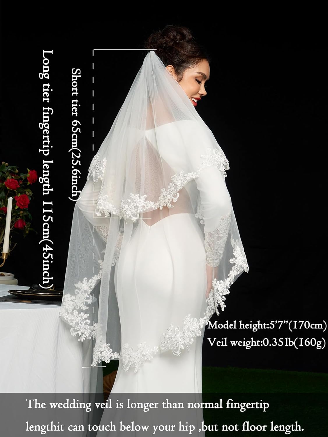 2 Tier Fingertip Length Lace Wedding Bridal Veil with Comb for Bride - Image 5