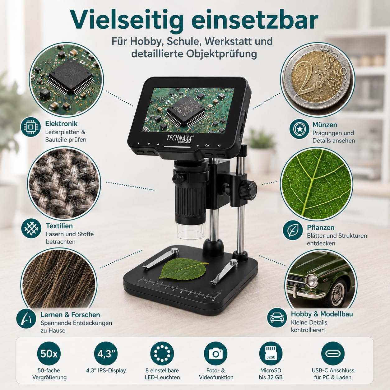 Technaxx Mikroskop Digital mit 50x Vergrößerung, 4,3 Zoll IPS Display, 8 LED Beleuchtung, Foto&Video Aufnahme, USB PC Verbindung, Tragbares Digitalmikroskop für Münzen, Elektronik & Pflanzen – TX-277